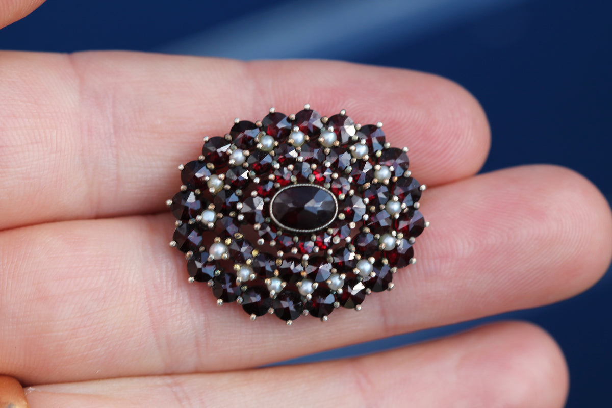 Vintage 1960s Silver Gilt Garnet & Seed Pearl Cluster Brooch — view 8