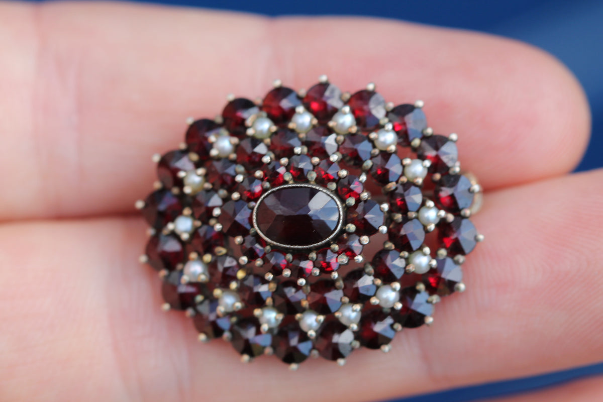 Vintage 1960s Silver Gilt Garnet & Seed Pearl Cluster Brooch — view 9