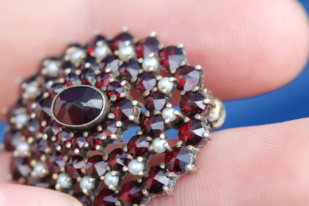 Vintage 1960s Silver Gilt Garnet & Seed Pearl Cluster Brooch — view 10