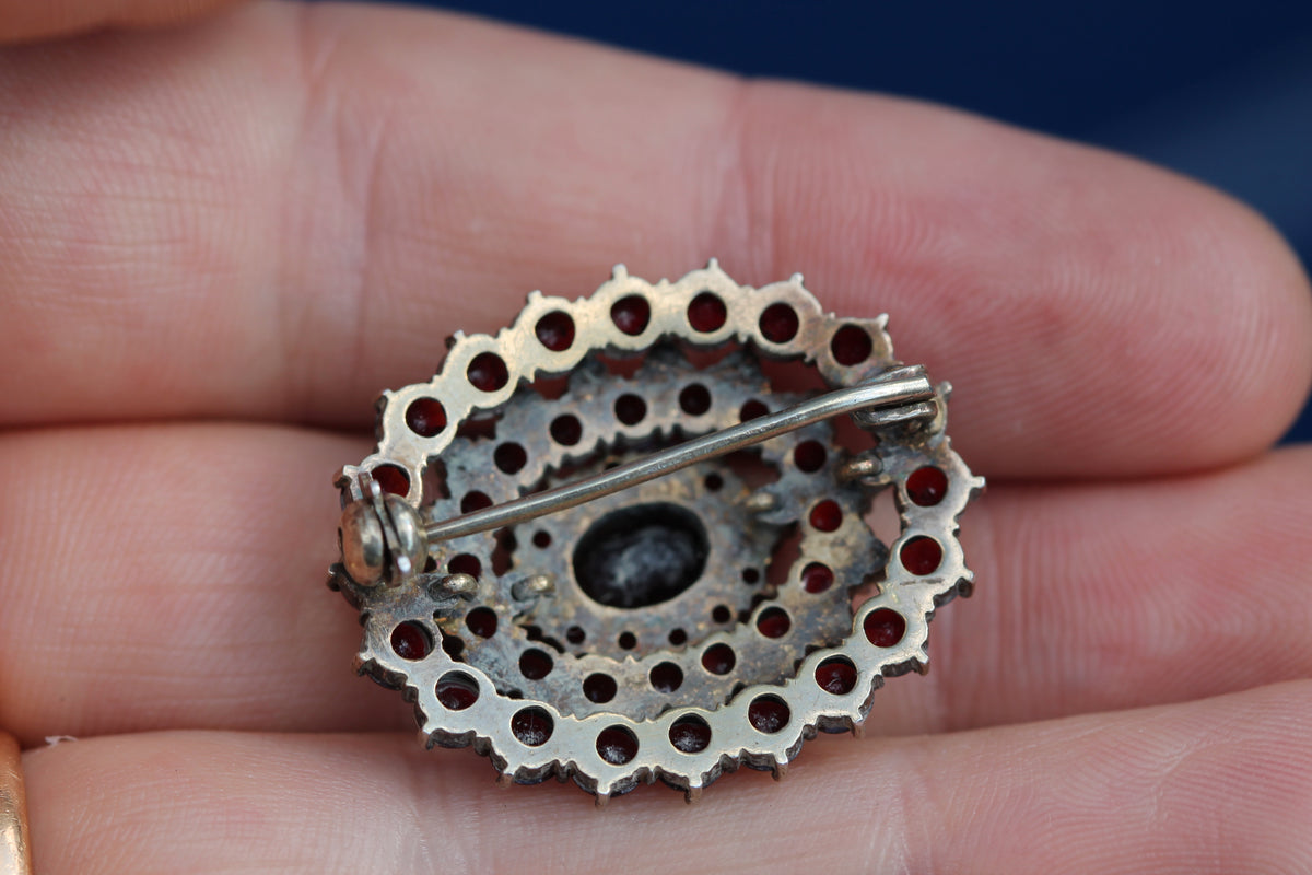 Vintage 1960s Silver Gilt Garnet & Seed Pearl Cluster Brooch — view 6