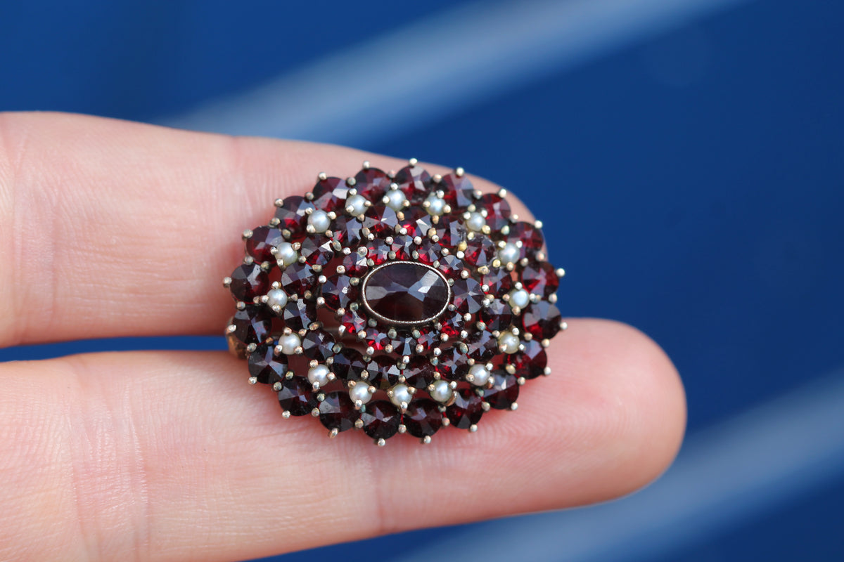 Vintage 1960s Silver Gilt Garnet & Seed Pearl Cluster Brooch — view 13