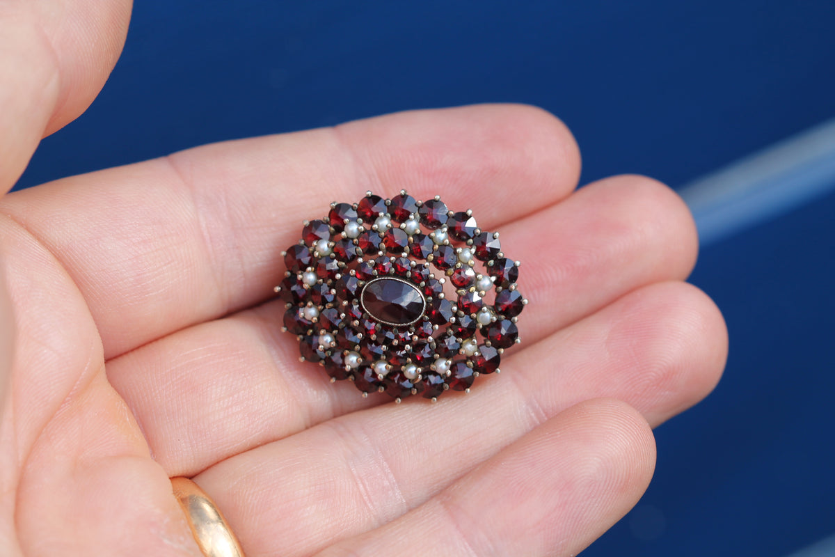 Vintage 1960s Silver Gilt Garnet & Seed Pearl Cluster Brooch — view 14