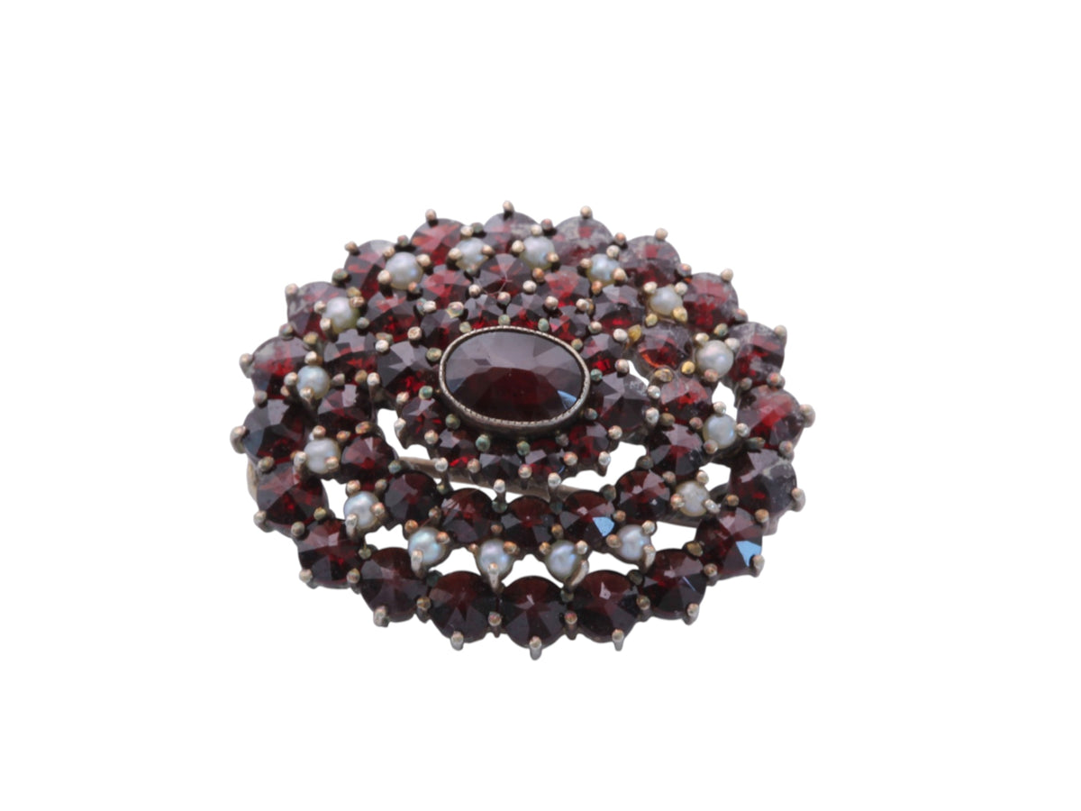 Vintage 1960s Silver Gilt Garnet & Seed Pearl Cluster Brooch — view 4