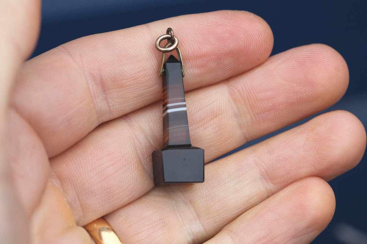 Antique Victorian Banded Agate Obelisk Pendant Rolled Gold c.1890 — view 10