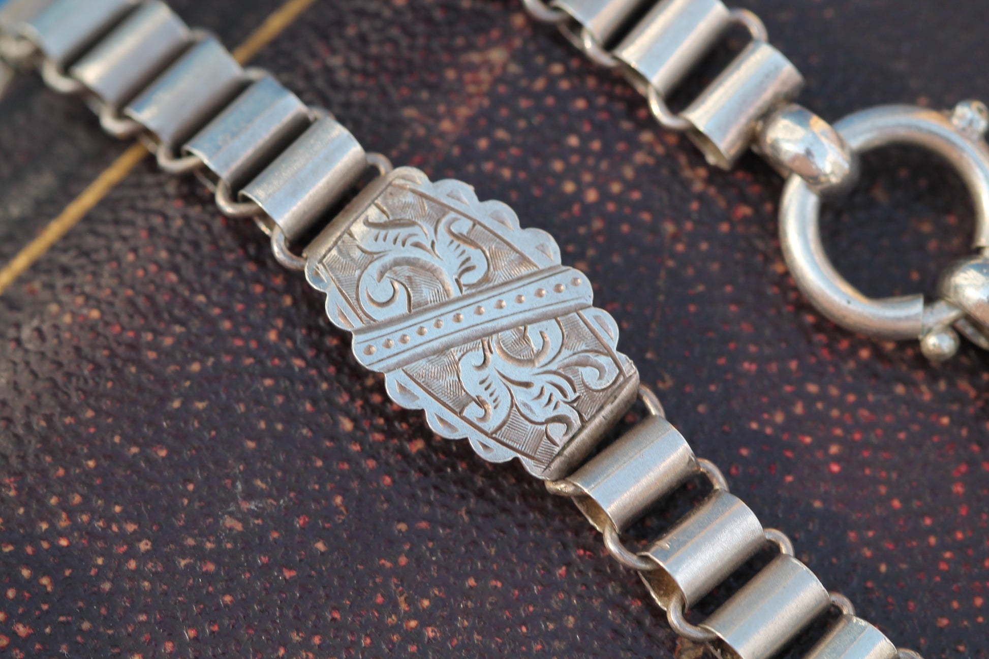 Antique Victorian Sterling Silver Book Chain Necklace | Engraved Panels c.1880 — view 4