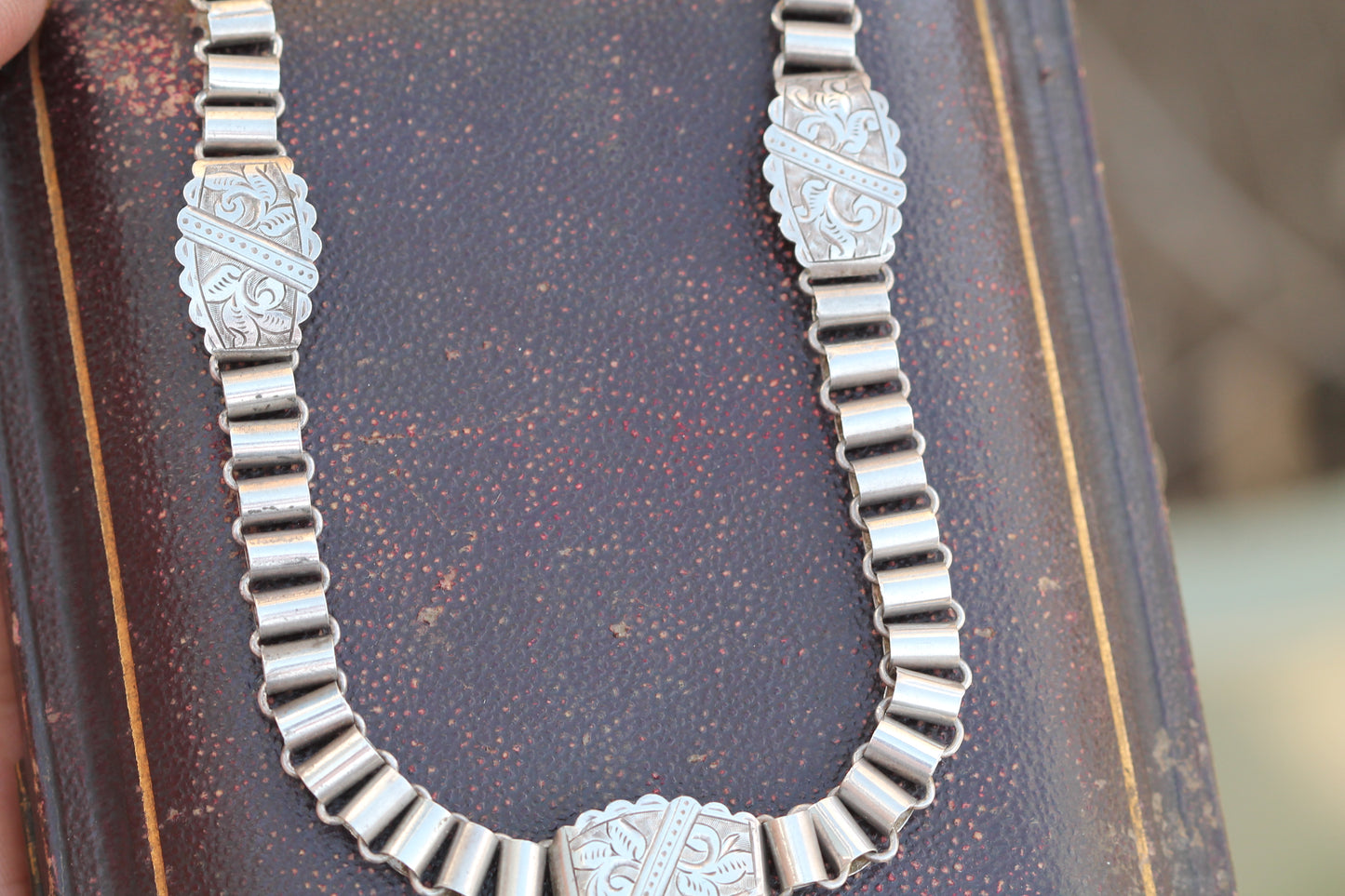Antique Victorian Sterling Silver Book Chain Necklace | Engraved Panels c.1880 — view 9