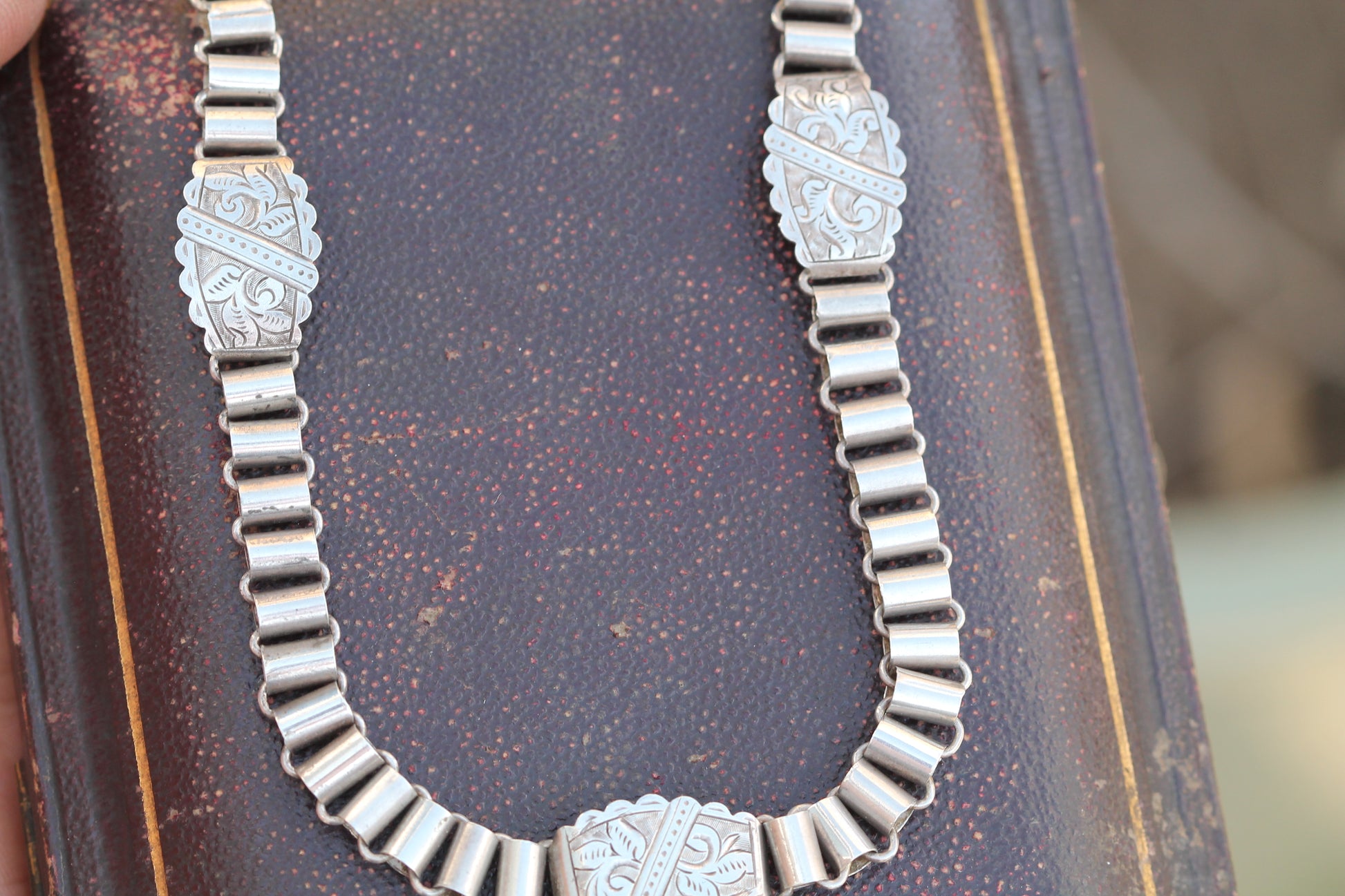 Antique Victorian Sterling Silver Book Chain Necklace | Engraved Panels c.1880 — view 9