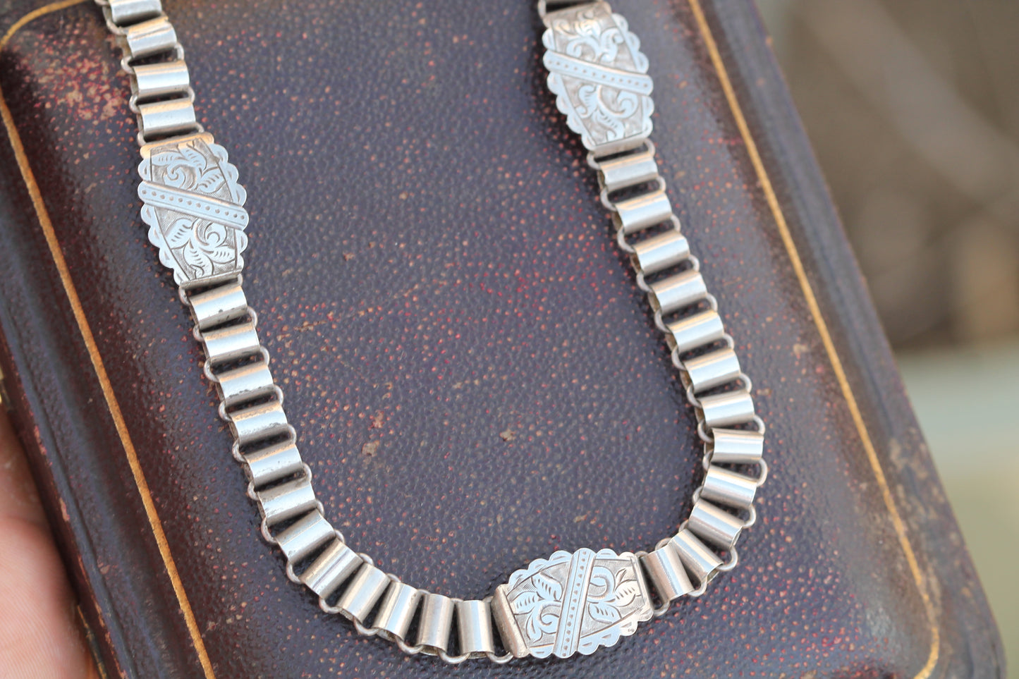 Antique Victorian Sterling Silver Book Chain Necklace | Engraved Panels c.1880 — view 6