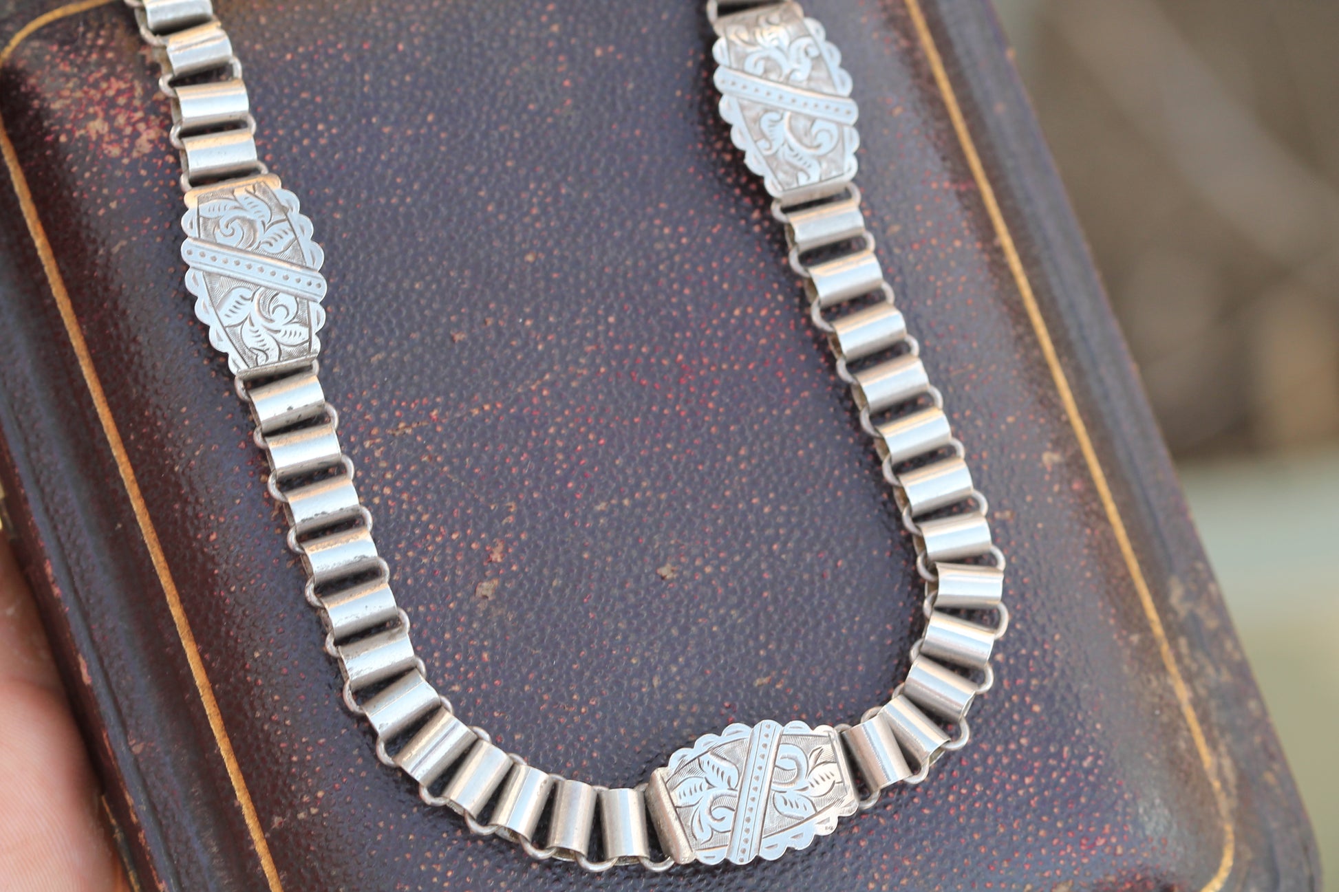 Antique Victorian Sterling Silver Book Chain Necklace | Engraved Panels c.1880 — view 6