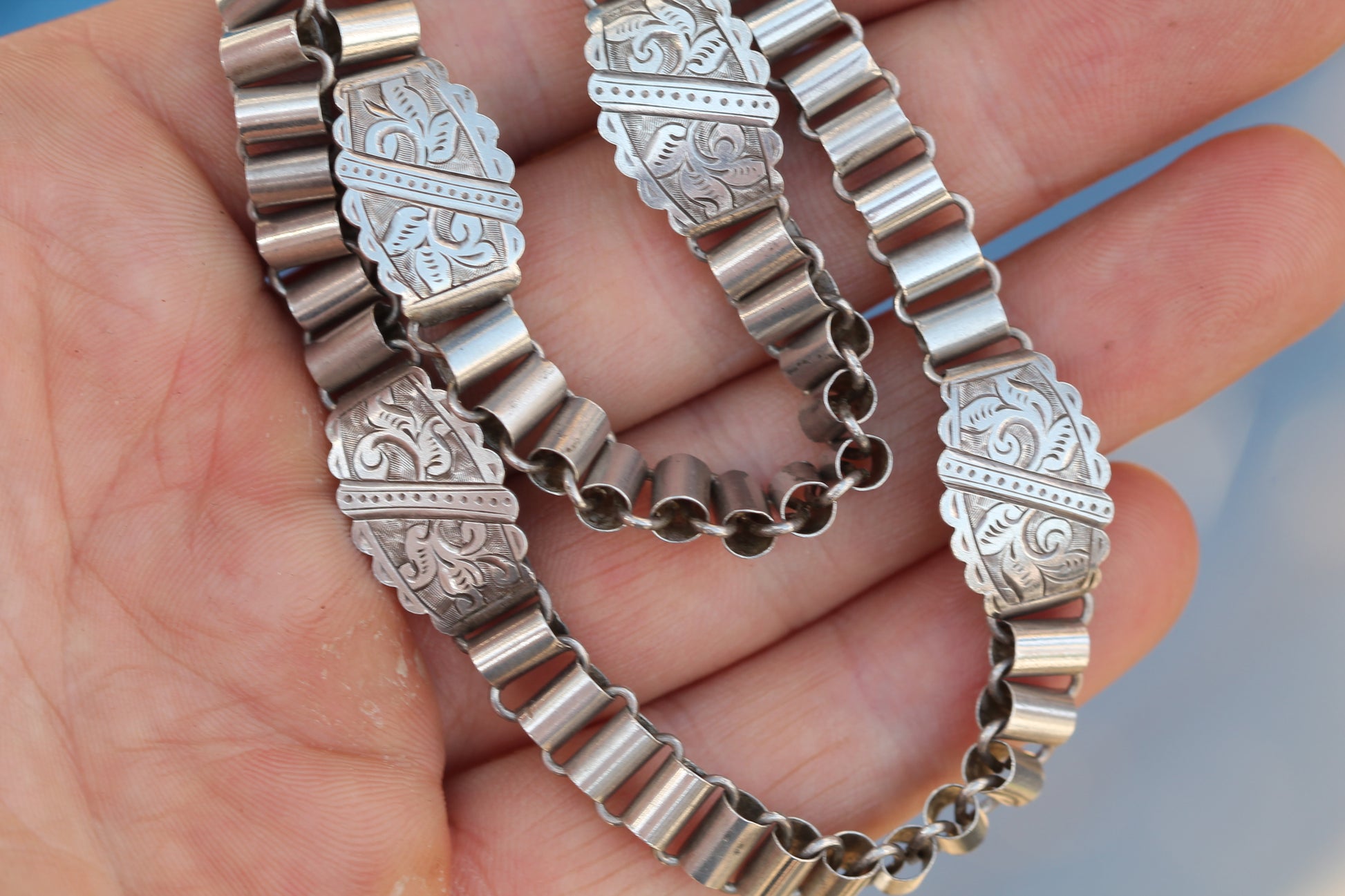 Antique Victorian Sterling Silver Book Chain Necklace | Engraved Panels c.1880 — view 11
