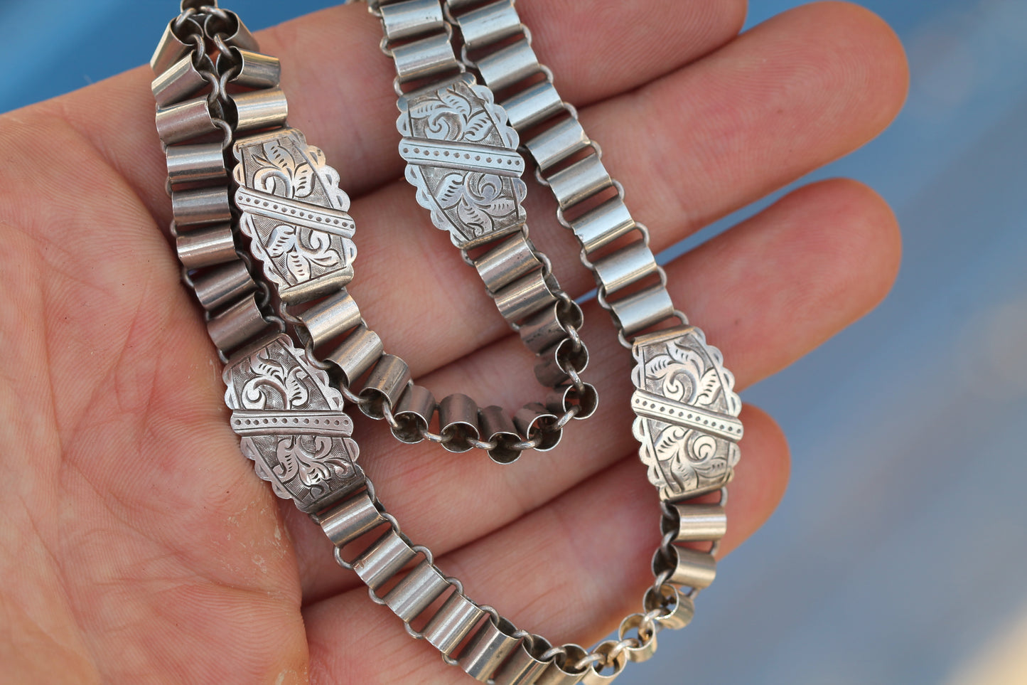 Antique Victorian Sterling Silver Book Chain Necklace | Engraved Panels c.1880 — view 12
