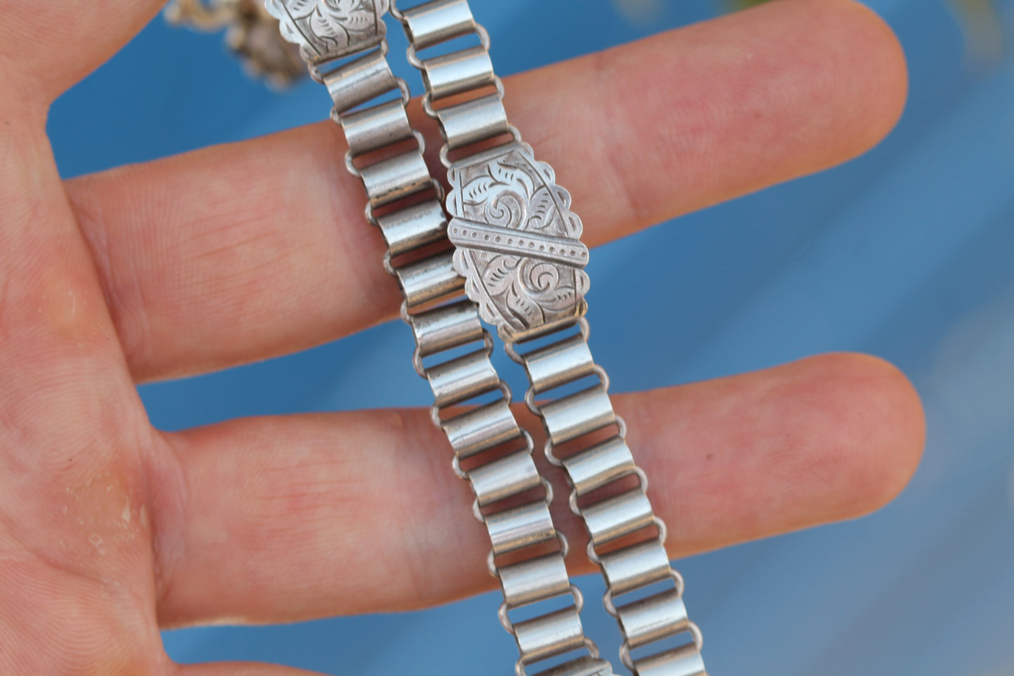 Antique Victorian Sterling Silver Book Chain Necklace | Engraved Panels c.1880 — view 13