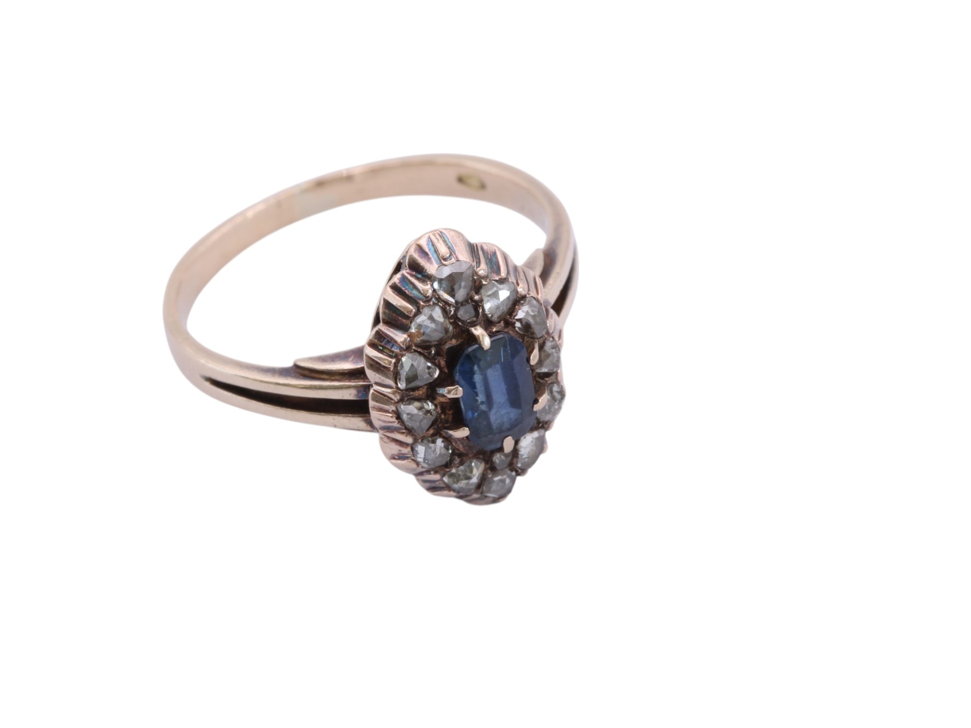 Antique Austro-Hungarian 14ct Gold Sapphire & Rose Cut Diamond Navette Ring c.1890 — view 5