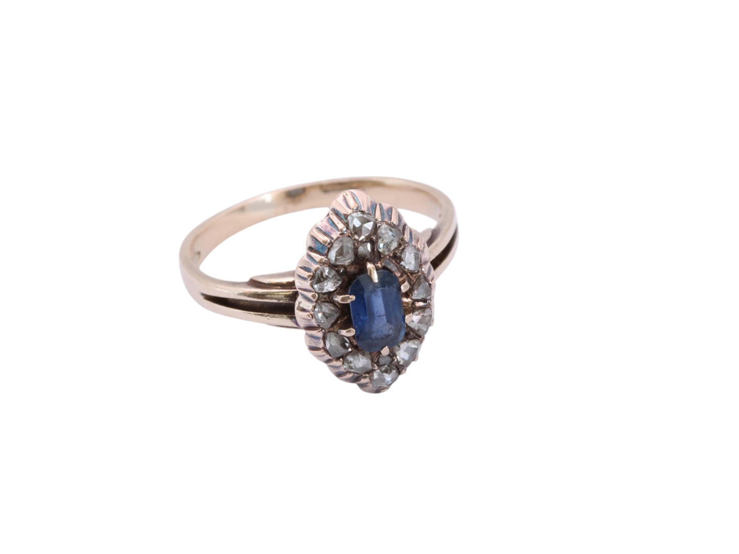 Antique Austro-Hungarian 14ct Gold Sapphire & Rose Cut Diamond Navette Ring c.1890 — view 6