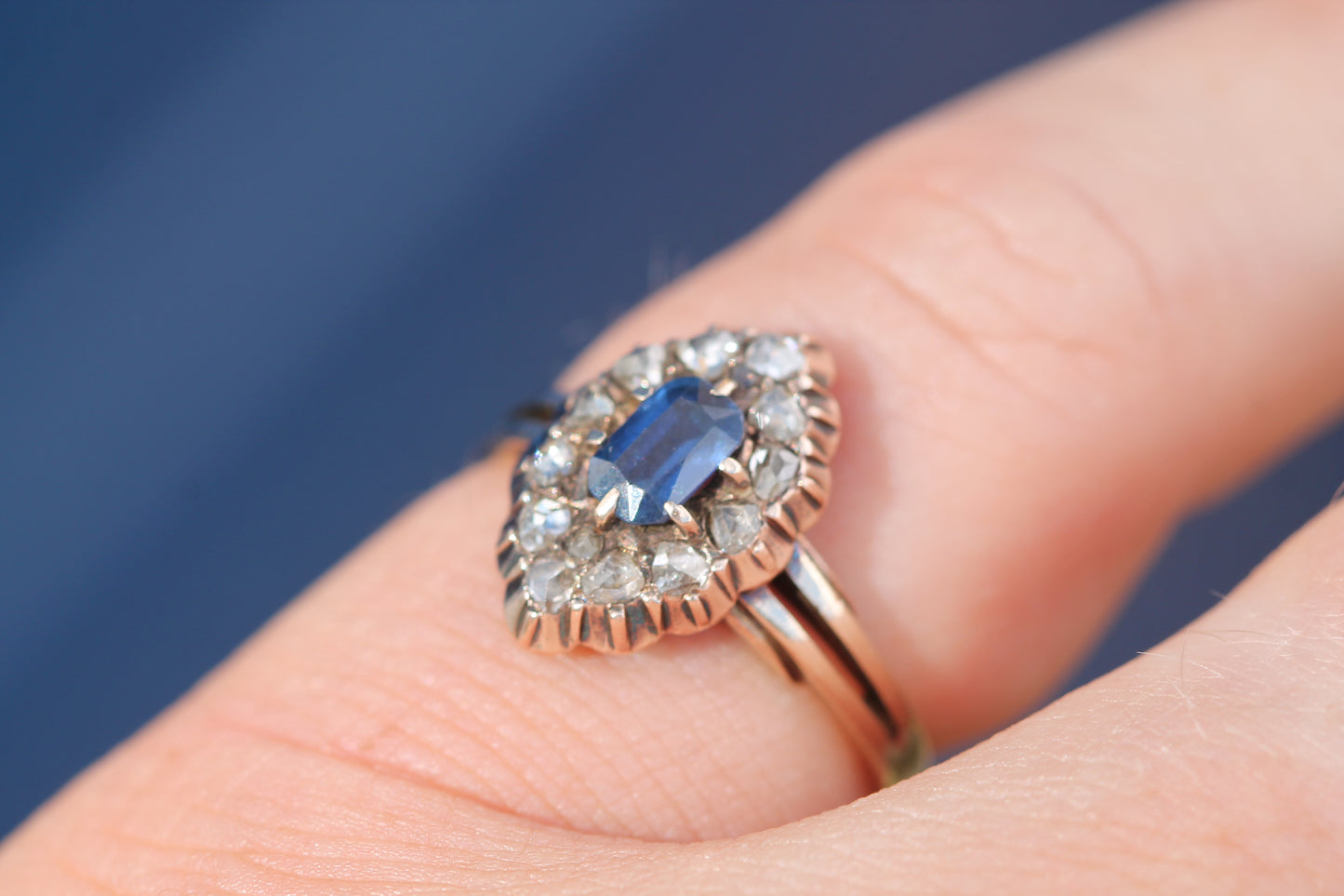 Antique Austro-Hungarian 14ct Gold Sapphire & Rose Cut Diamond Navette Ring c.1890 — view 8