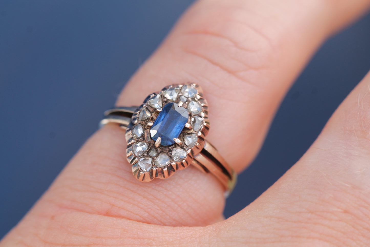 Antique Austro-Hungarian 14ct Gold Sapphire & Rose Cut Diamond Navette Ring c.1890 — view 9