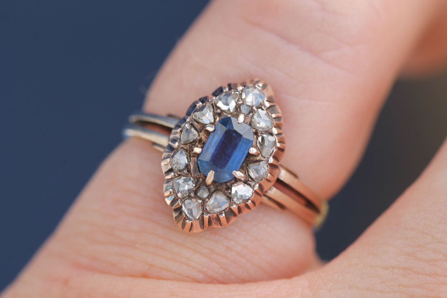 Antique Austro-Hungarian 14ct gold sapphire and rose cut diamond navette ring