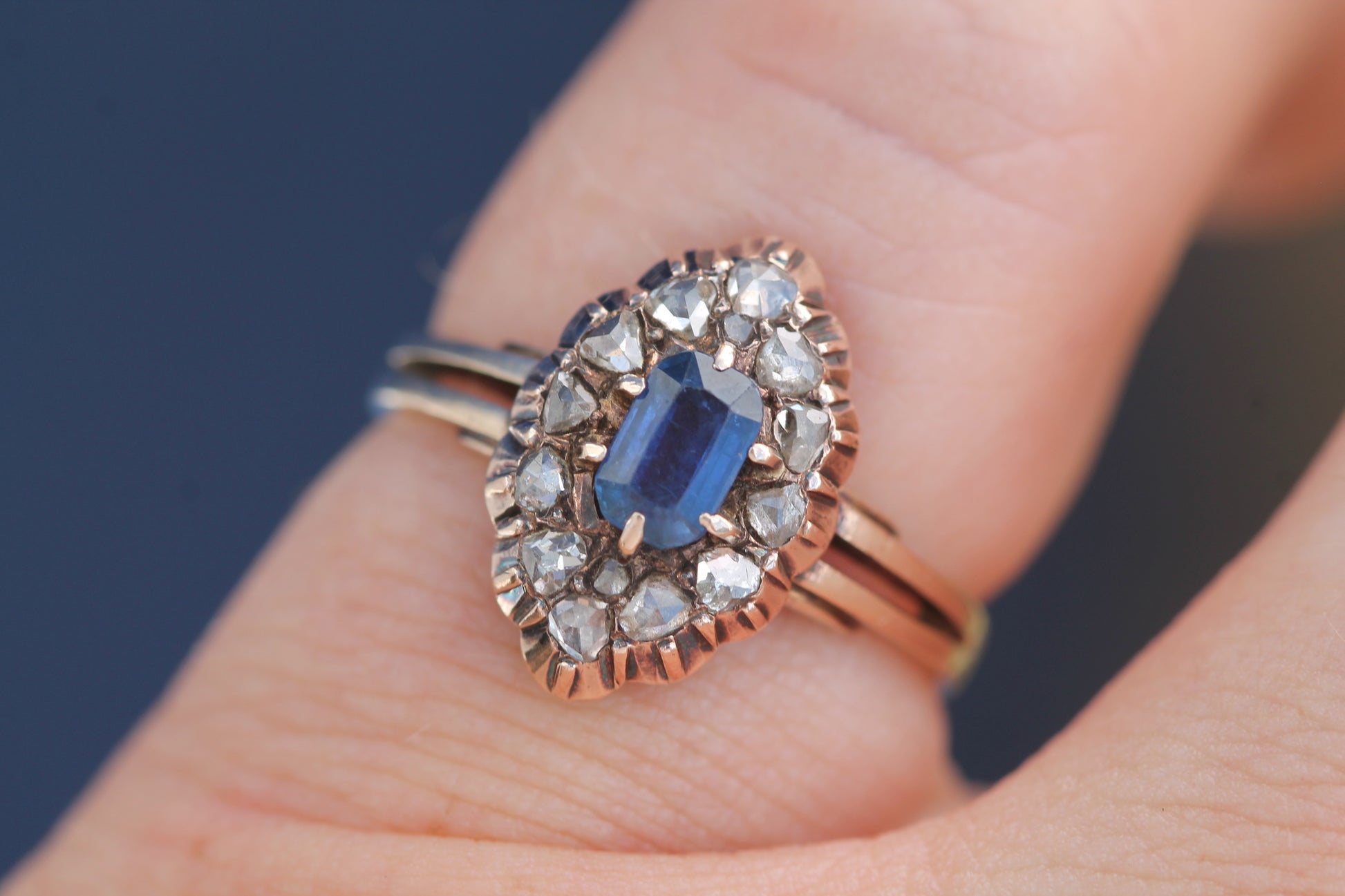 Antique Austro-Hungarian 14ct gold sapphire and rose cut diamond navette ring