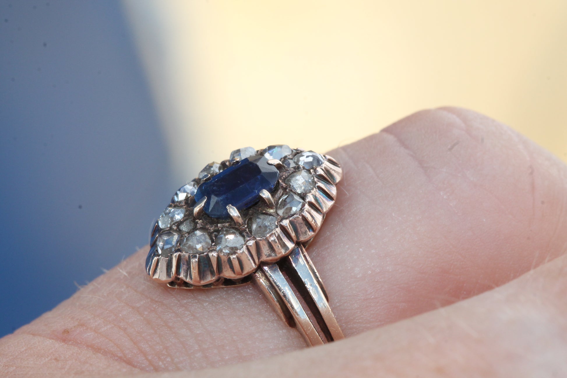 Antique Austro-Hungarian 14ct Gold Sapphire & Rose Cut Diamond Navette Ring c.1890 — view 10