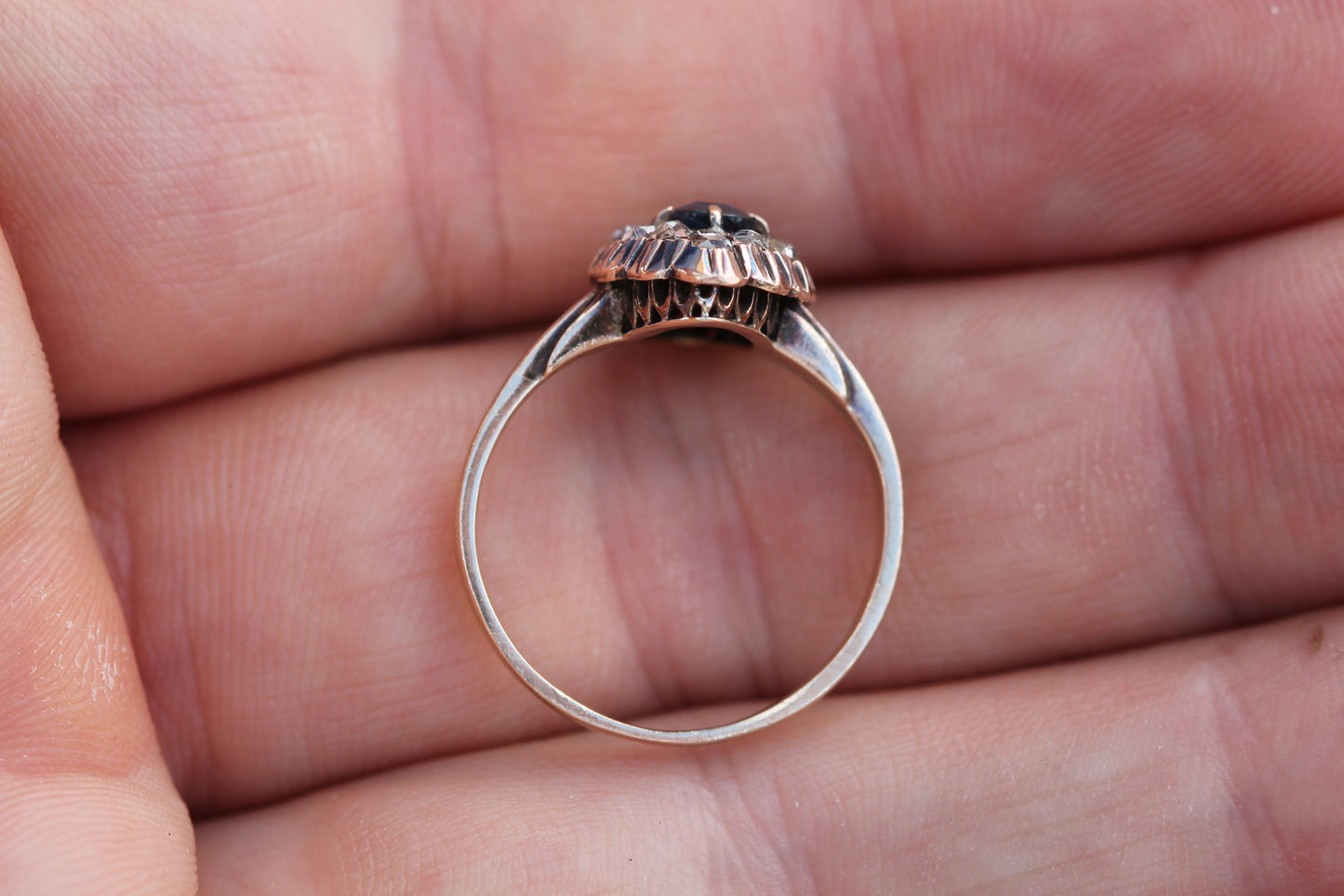 Antique Austro-Hungarian 14ct Gold Sapphire & Rose Cut Diamond Navette Ring c.1890 — view 11