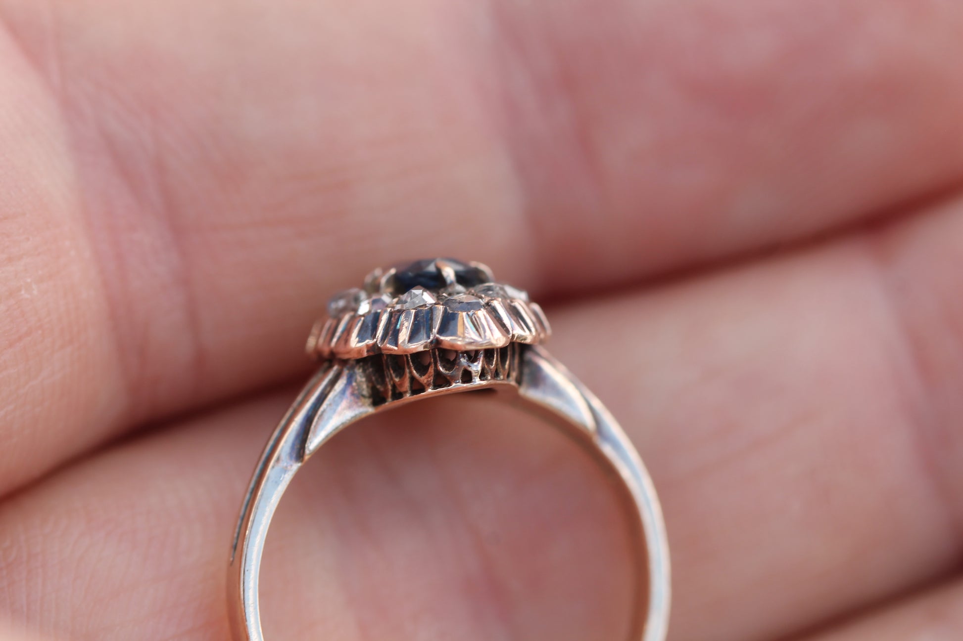 Antique Austro-Hungarian 14ct Gold Sapphire & Rose Cut Diamond Navette Ring c.1890 — view 12