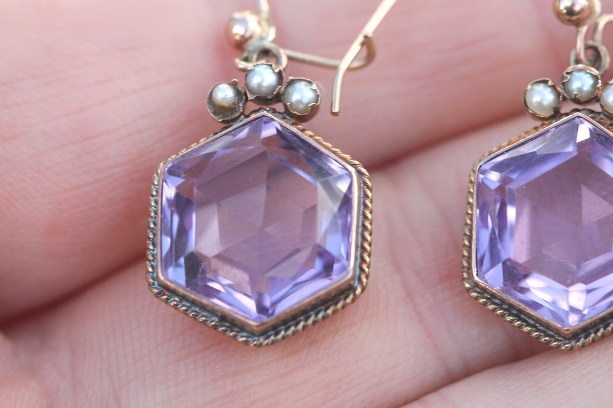 Antique Edwardian 15ct Gold Amethyst & Pearl Demi-Parure Brooch & Earrings — view 5