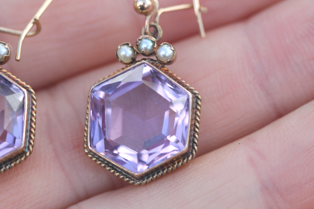 Antique Edwardian 15ct Gold Amethyst & Pearl Demi-Parure Brooch & Earrings — view 6