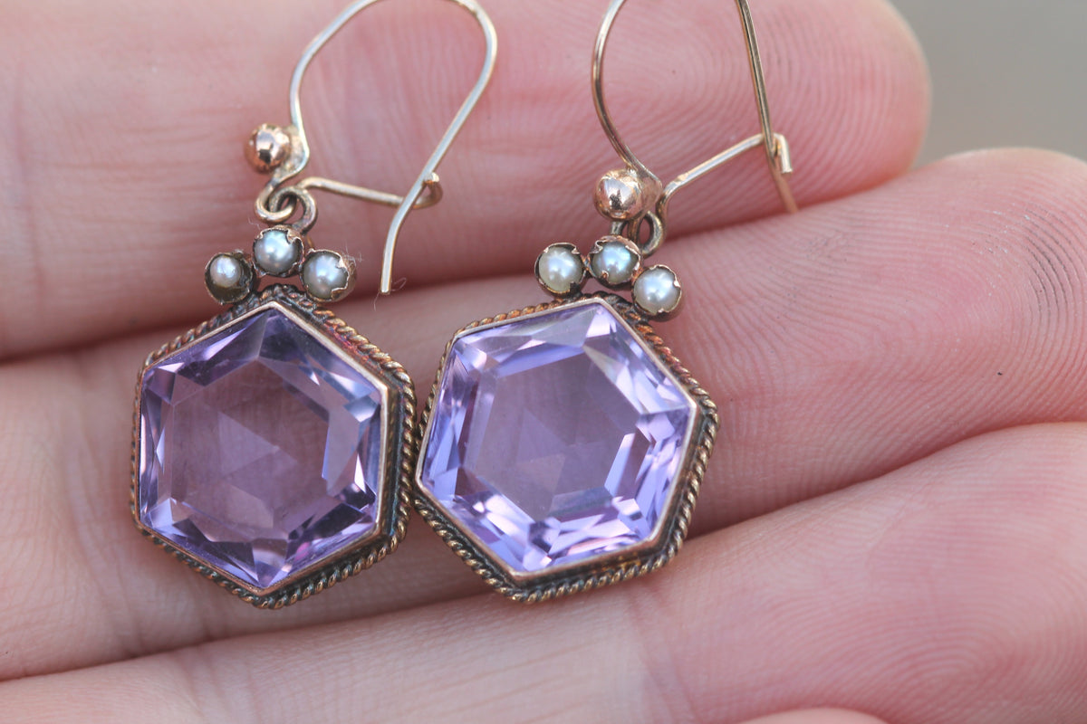 Antique Edwardian 15ct Gold Amethyst & Pearl Demi-Parure Brooch & Earrings — view 7