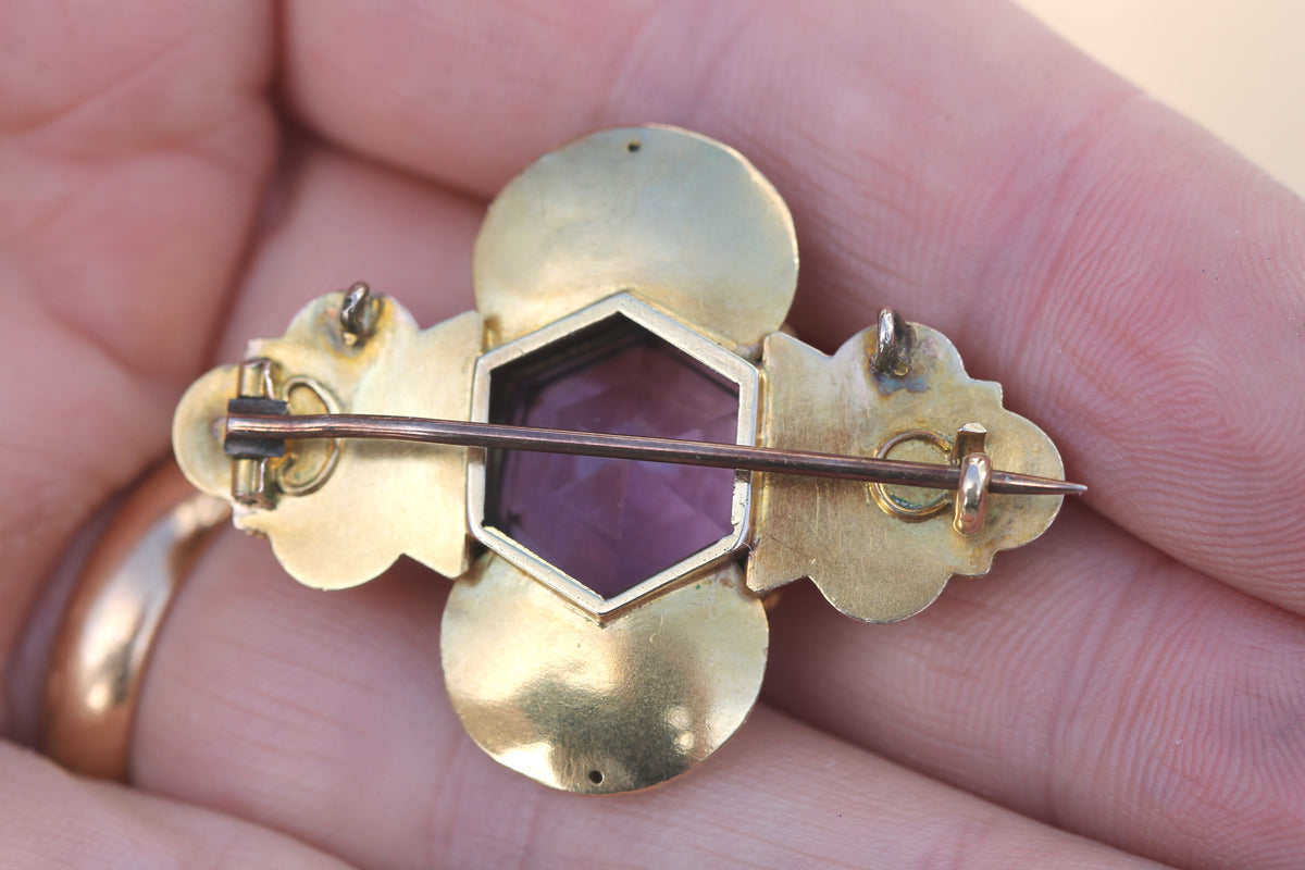 Antique Edwardian 15ct Gold Amethyst & Pearl Demi-Parure Brooch & Earrings — view 8