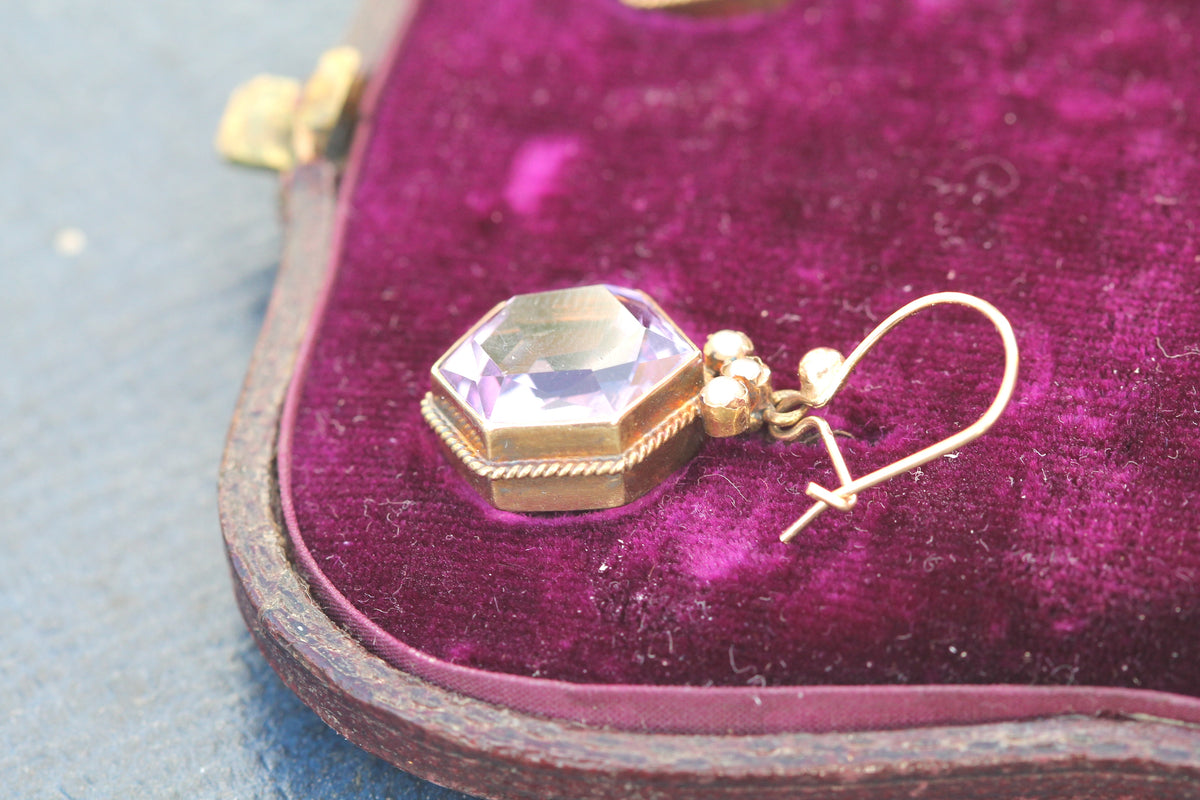 Antique Edwardian 15ct Gold Amethyst & Pearl Demi-Parure Brooch & Earrings — view 9