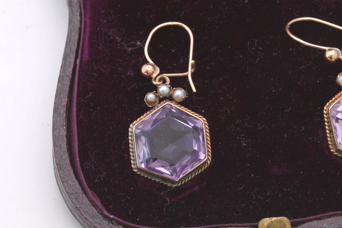 Antique Edwardian 15ct Gold Amethyst & Pearl Demi-Parure Brooch & Earrings — view 13