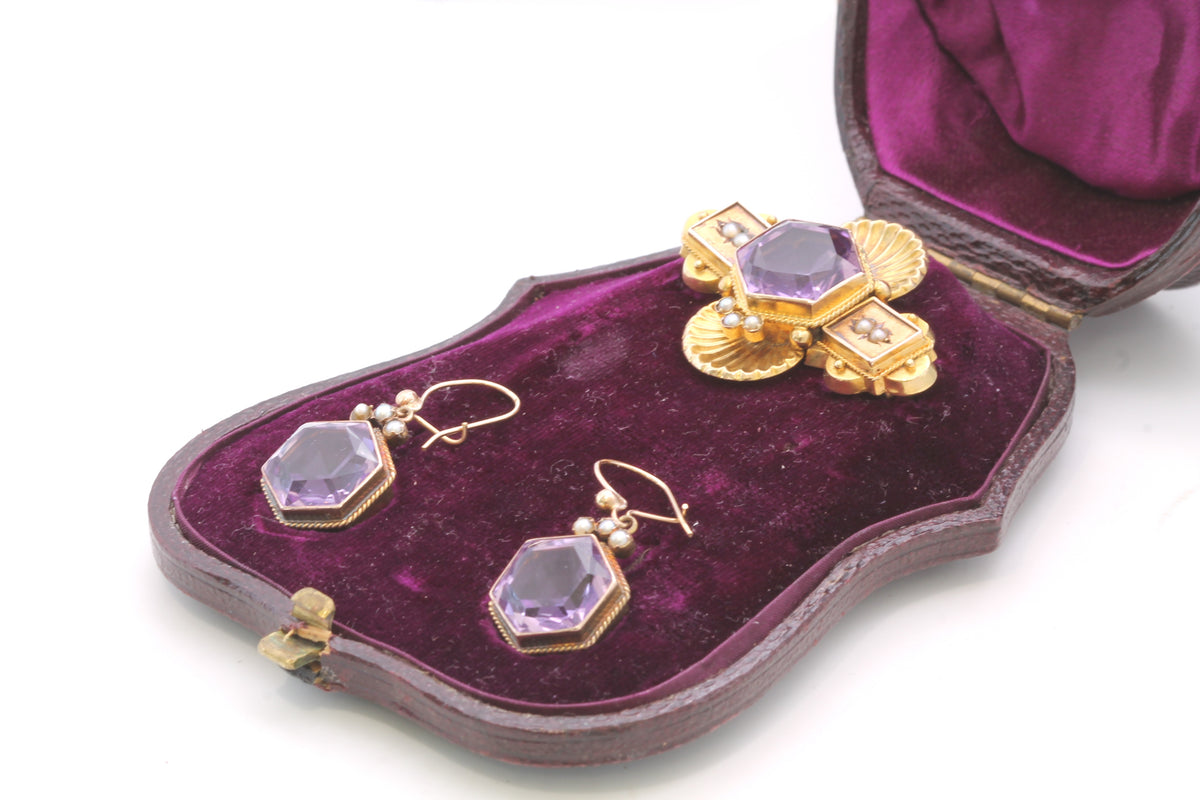 Antique Edwardian 15ct gold amethyst and pearl brooch and earrings in original box