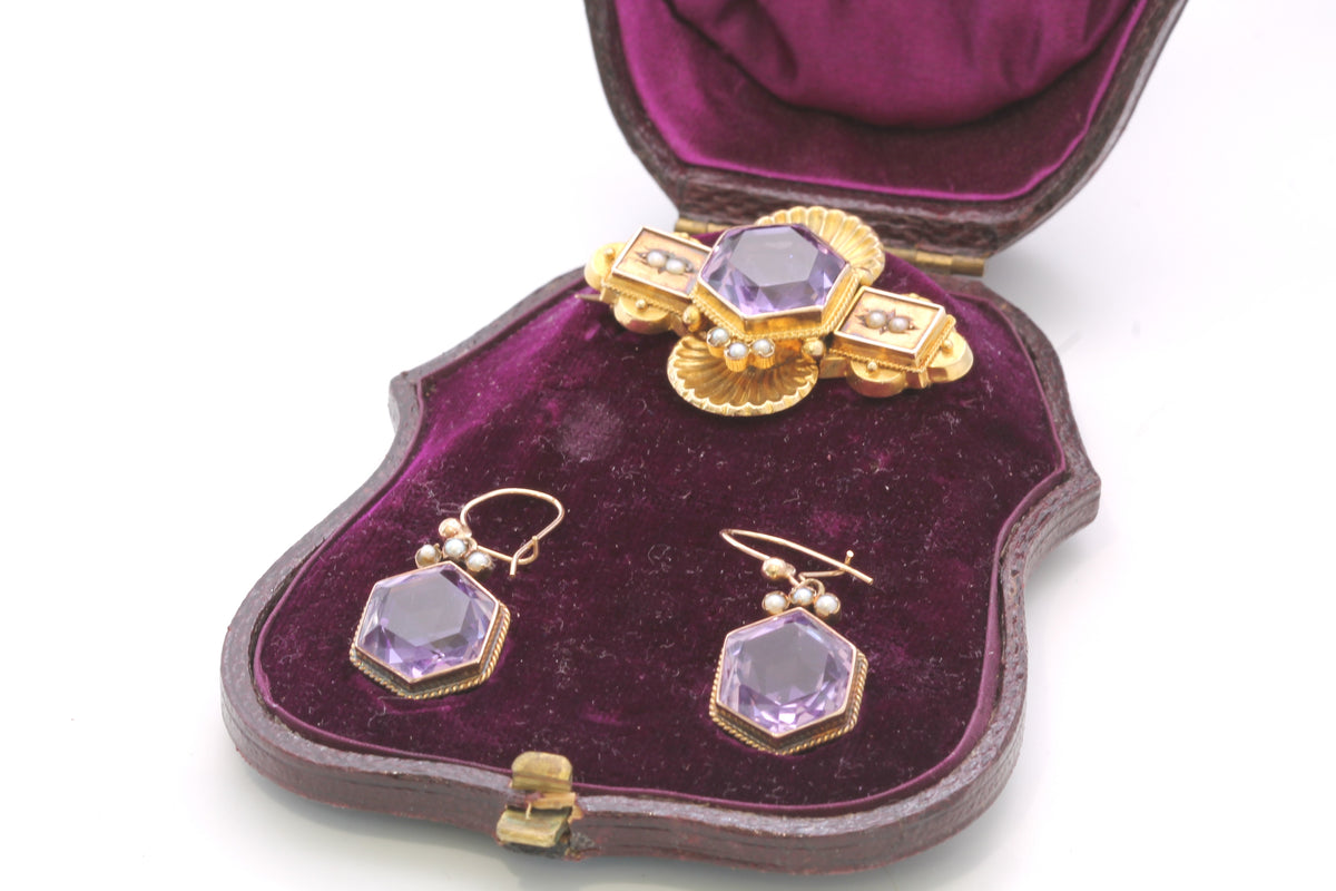 Edwardian 15ct gold hexagonal amethyst and pearl drop earrings