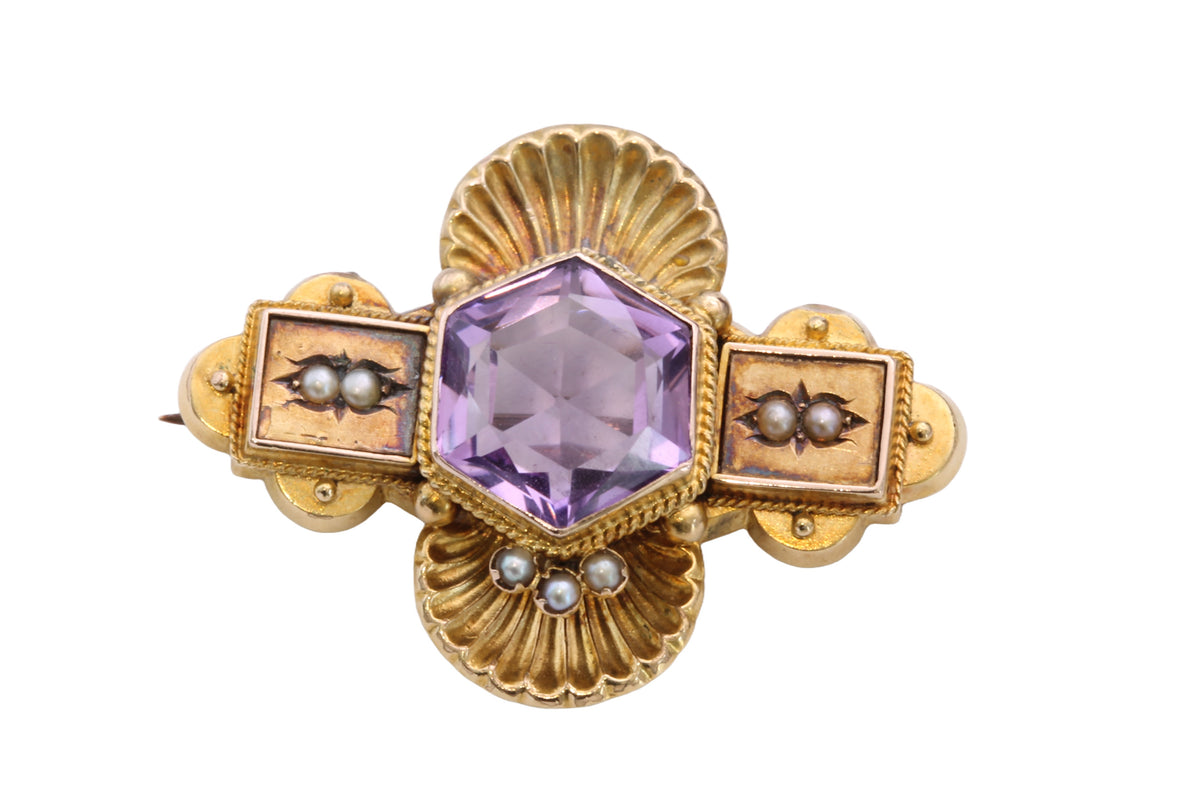Antique Edwardian 15ct Gold Amethyst & Pearl Demi-Parure Brooch & Earrings — view 18