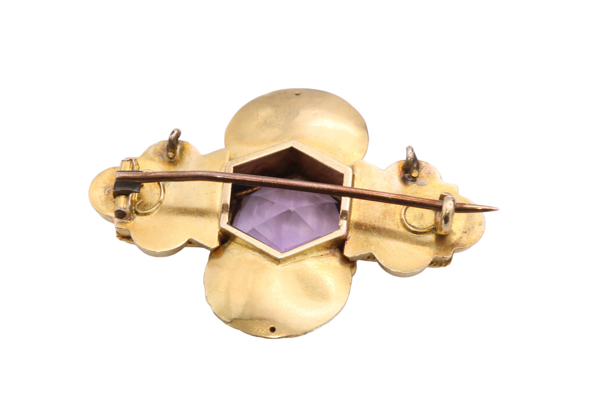 Antique Edwardian 15ct Gold Amethyst & Pearl Demi-Parure Brooch & Earrings — view 19