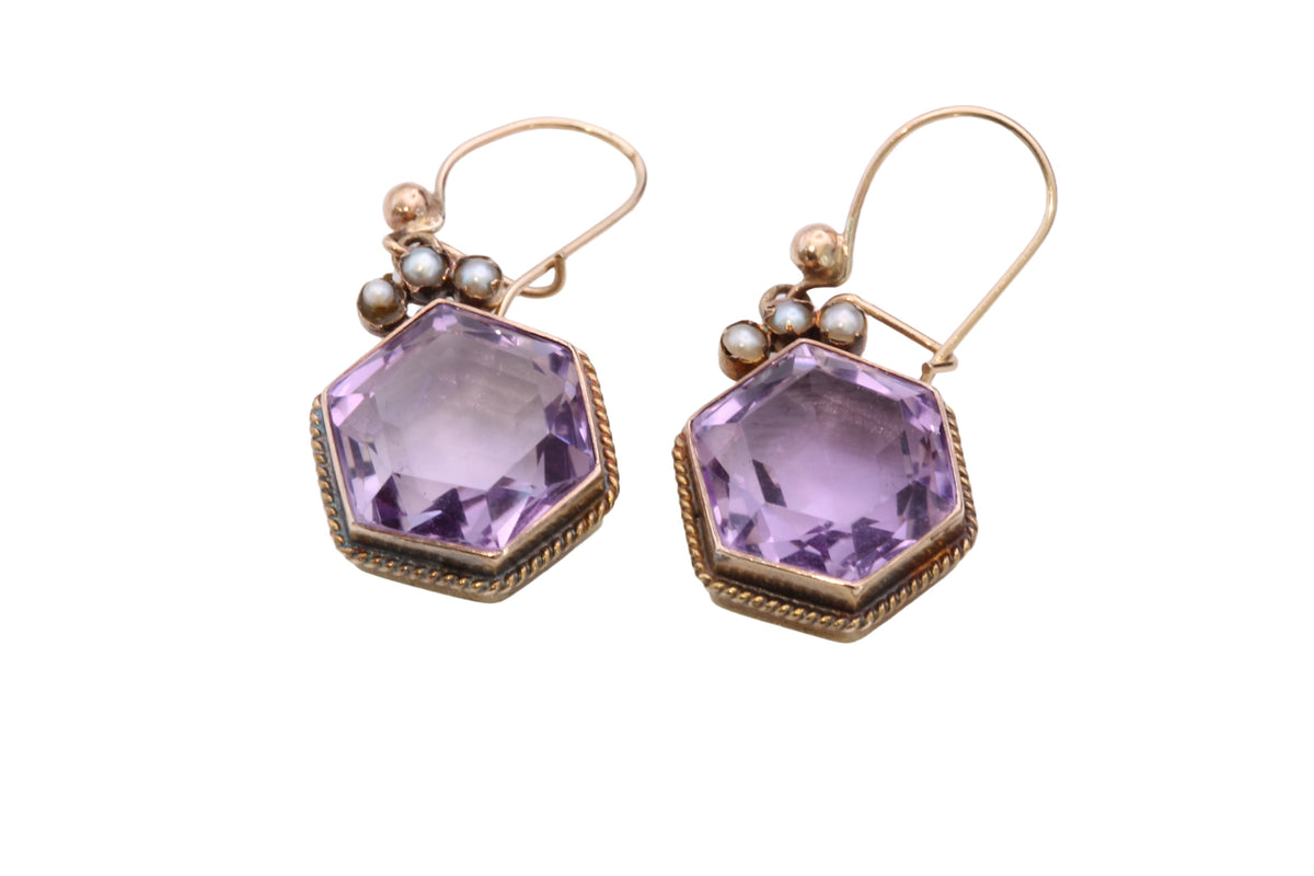 Antique Edwardian 15ct Gold Amethyst & Pearl Demi-Parure Brooch & Earrings — view 20