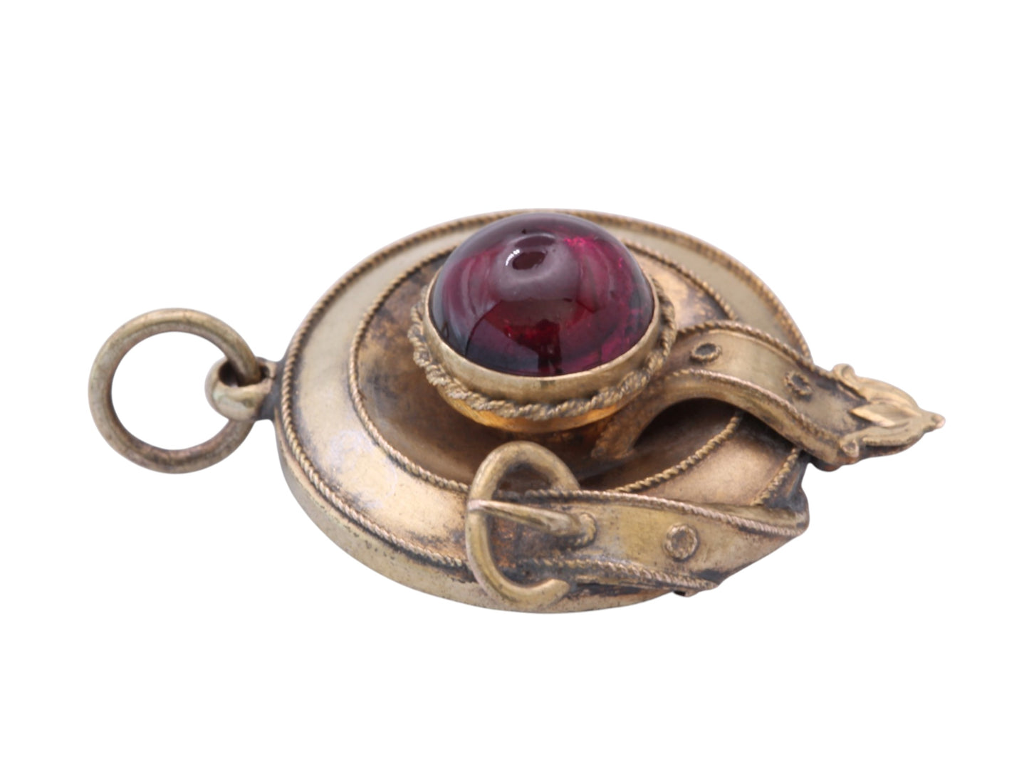 Side view of Victorian garnet pendant showing buckle-style gold detail