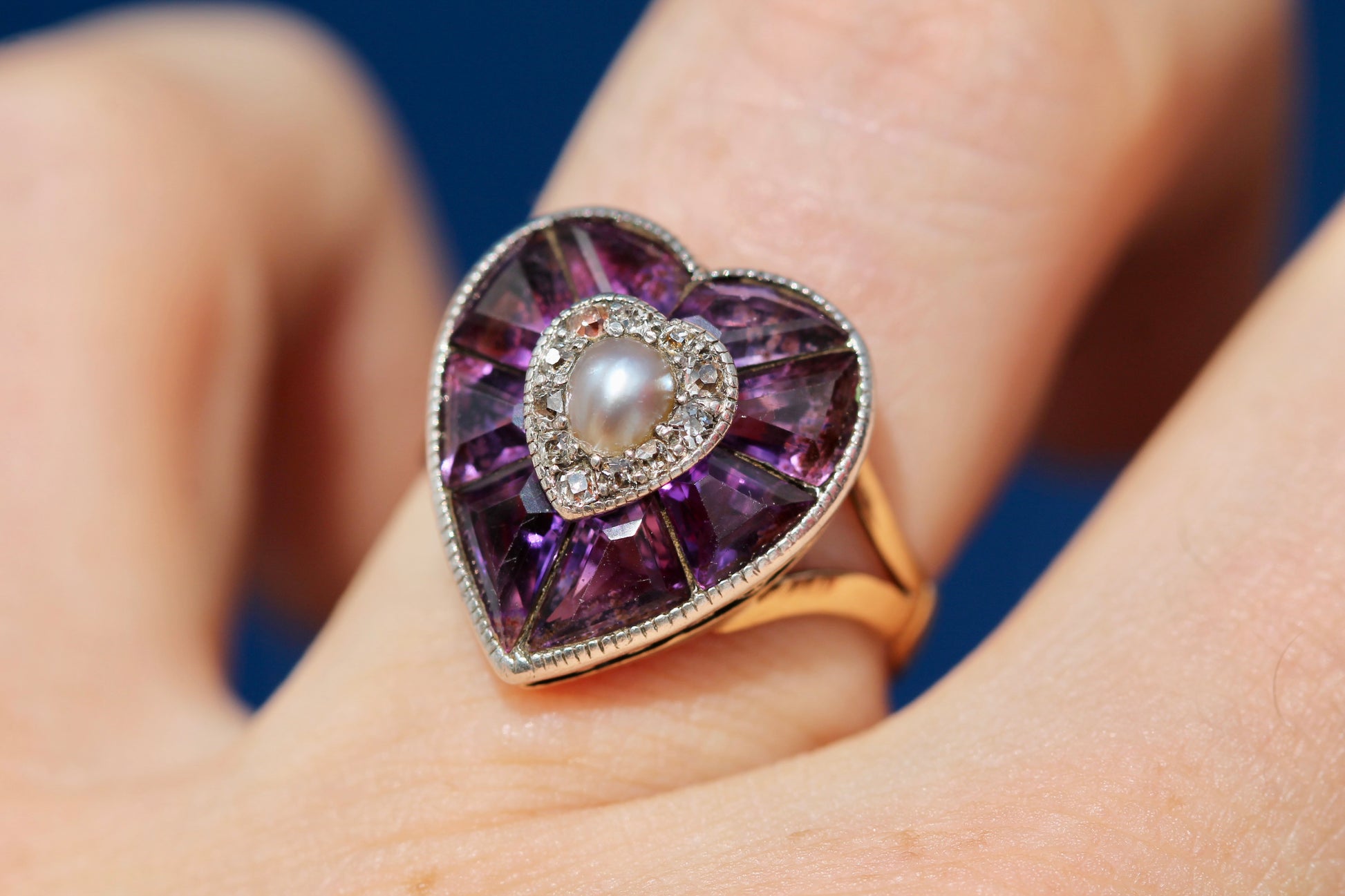Antique 22ct Gold & Silver Amethyst Pearl Old Cut Diamond Heart Ring c.1900 — view 6