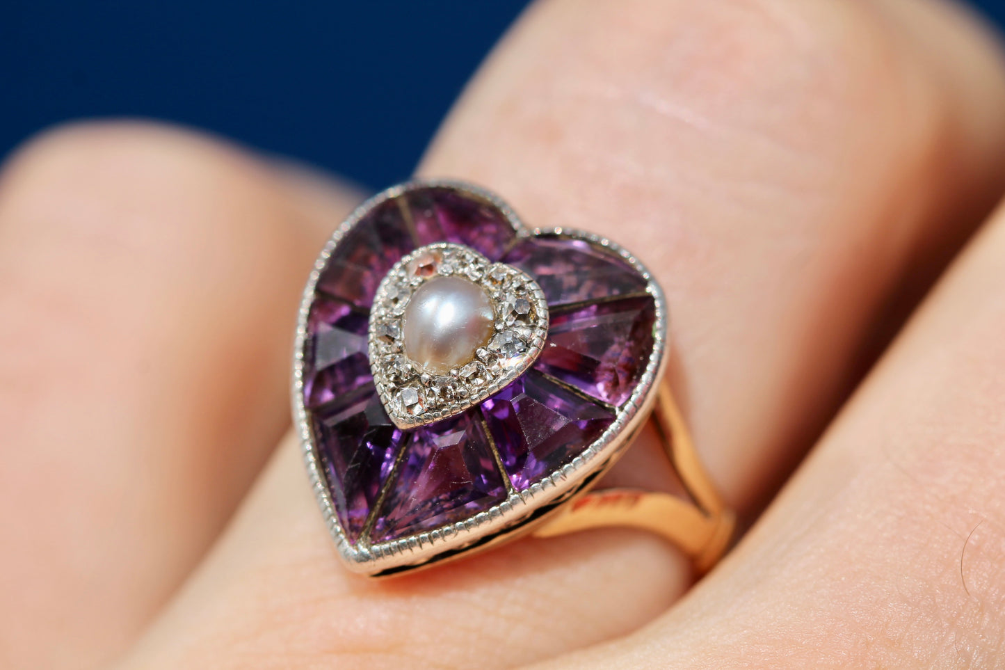 Antique 22ct Gold & Silver Amethyst Pearl Old Cut Diamond Heart Ring c.1900 — view 7