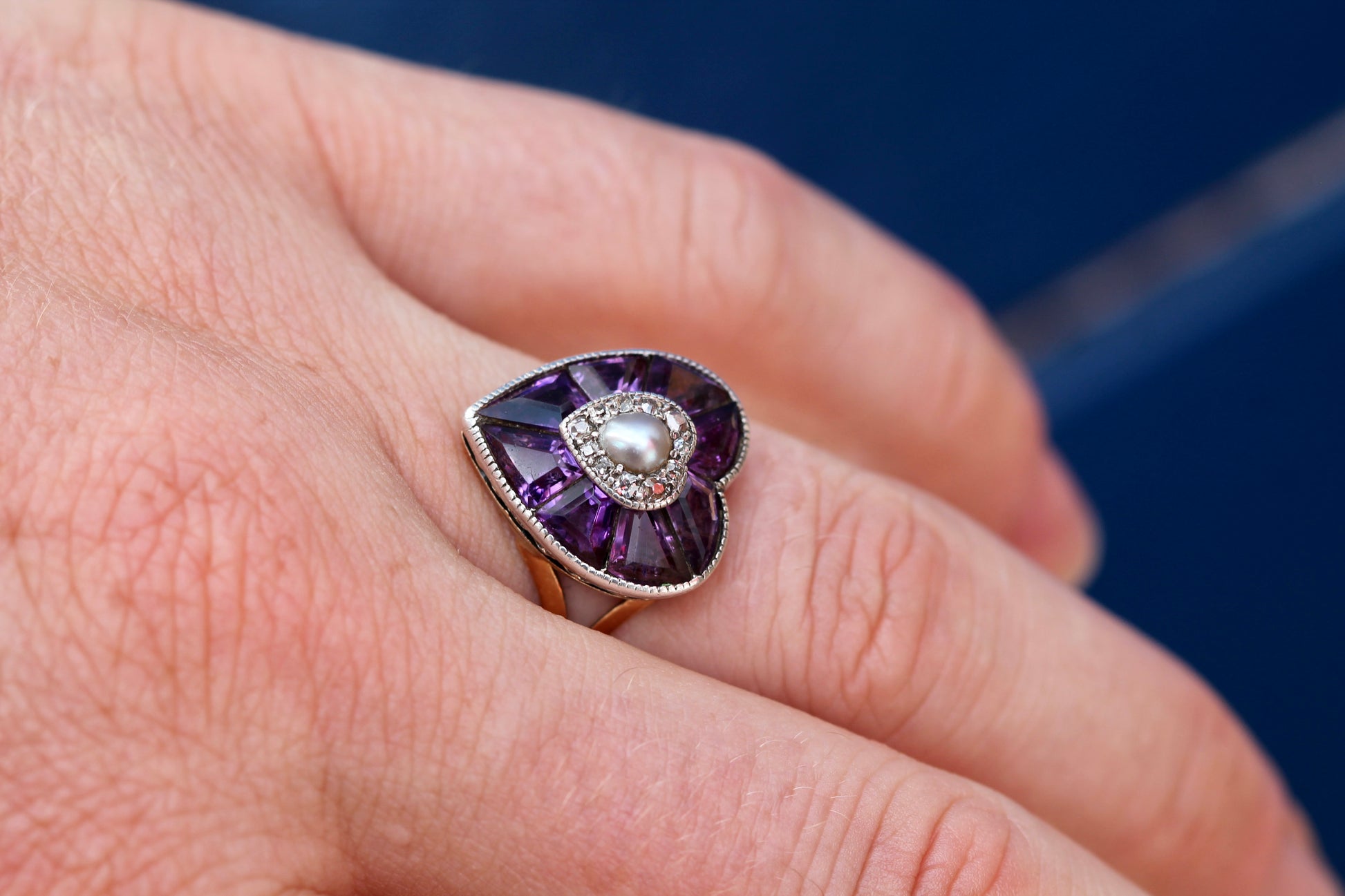 Antique 22ct Gold & Silver Amethyst Pearl Old Cut Diamond Heart Ring c.1900 — view 17
