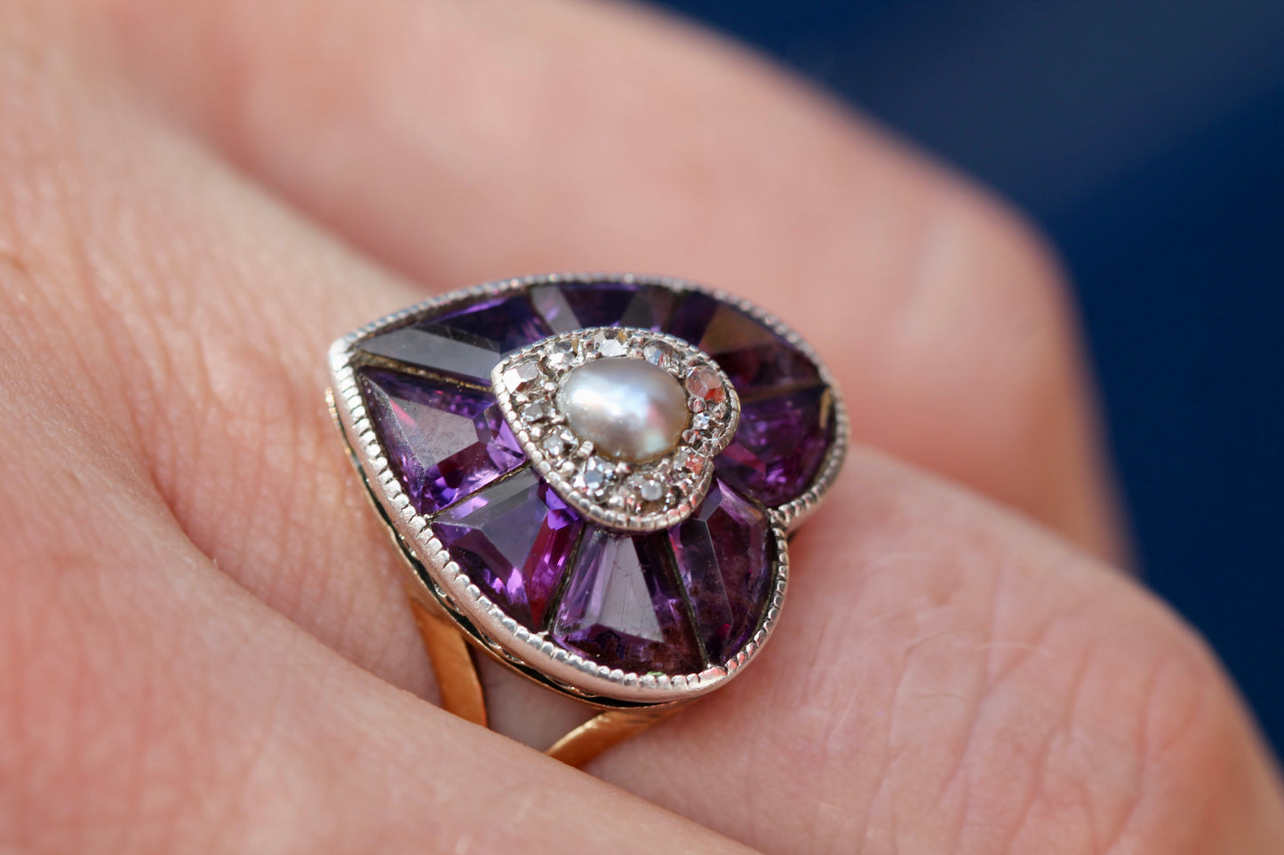 Antique 22ct Gold & Silver Amethyst Pearl Old Cut Diamond Heart Ring c.1900 — view 18
