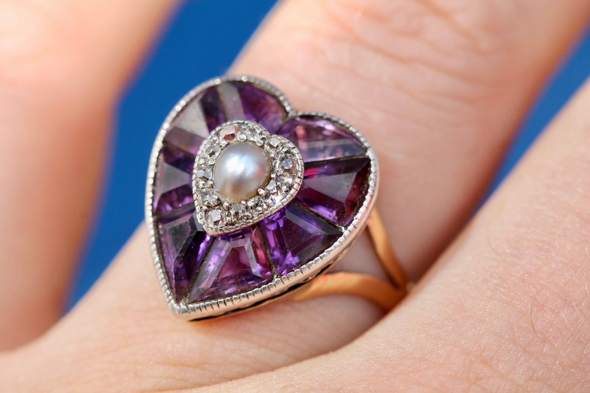 Antique 22ct Gold & Silver Amethyst Pearl Old Cut Diamond Heart Ring c.1900 — view 19