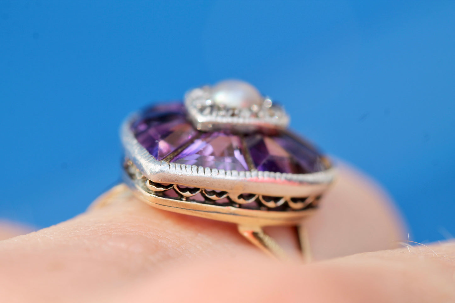 Antique 22ct Gold & Silver Amethyst Pearl Old Cut Diamond Heart Ring c.1900 — view 8