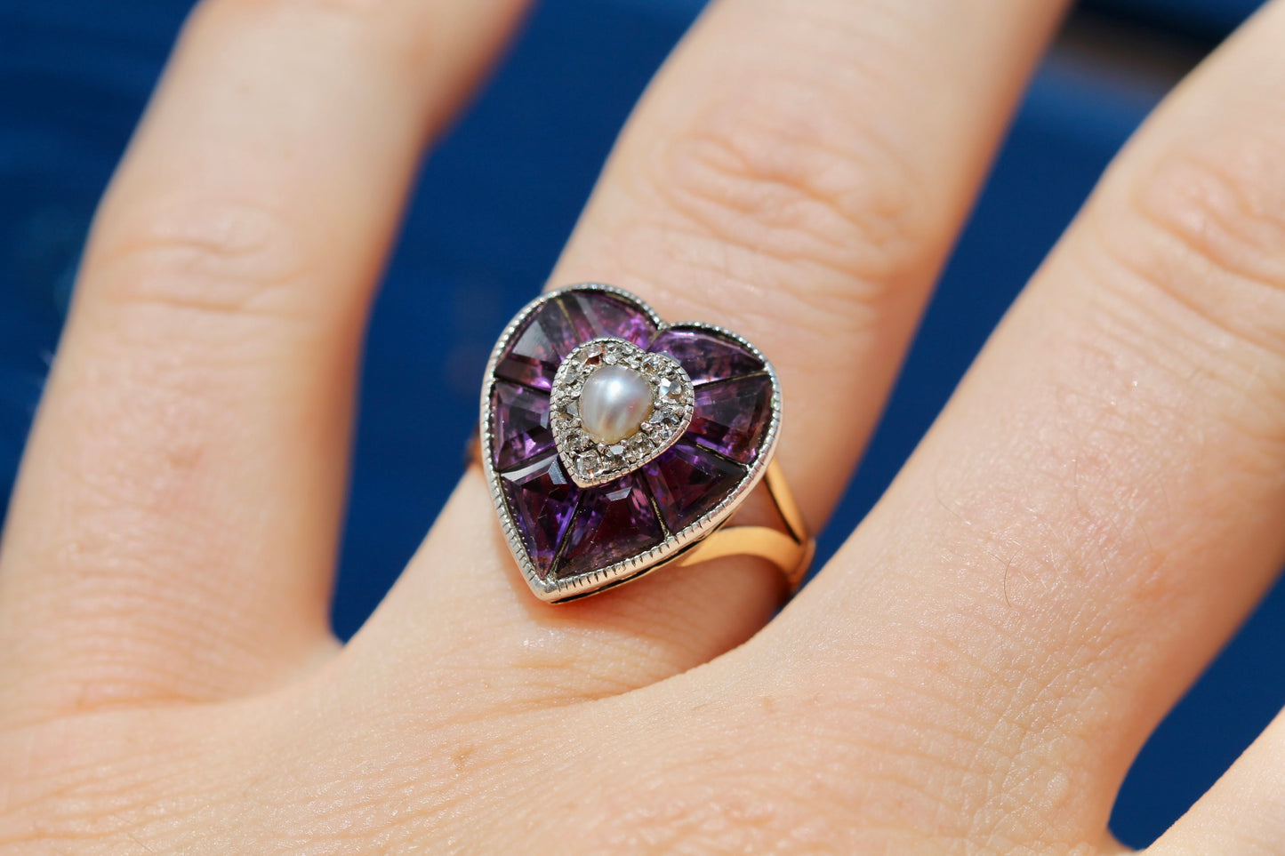 Antique 22ct Gold & Silver Amethyst Pearl Old Cut Diamond Heart Ring c.1900 — view 20