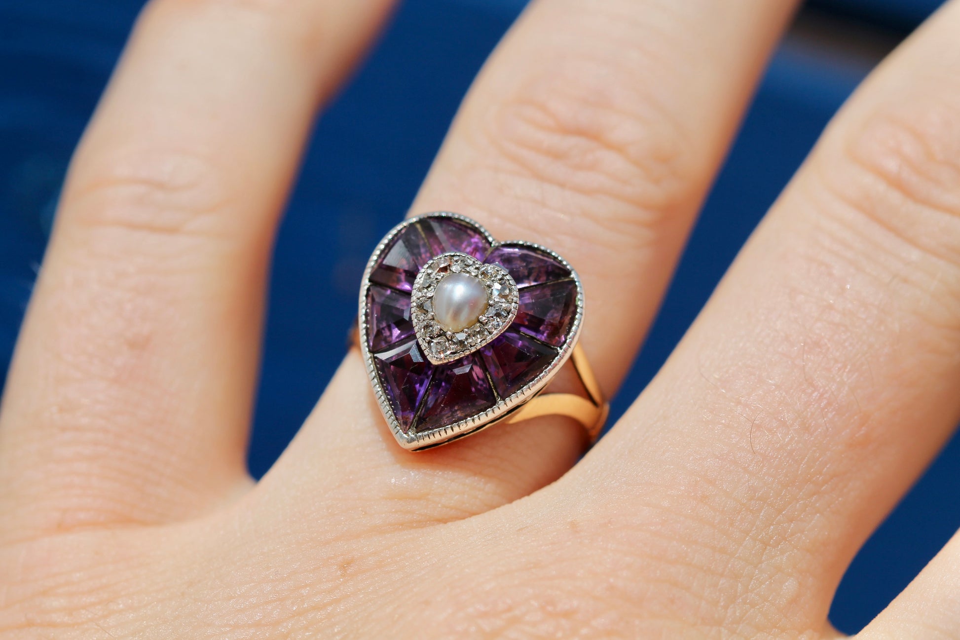 Antique 22ct Gold & Silver Amethyst Pearl Old Cut Diamond Heart Ring c.1900 — view 20