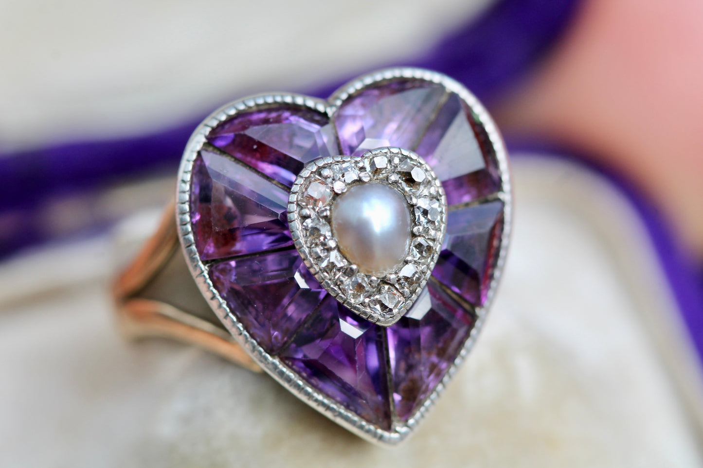 Antique 22ct gold and silver heart ring with amethyst pearl and old cut diamonds