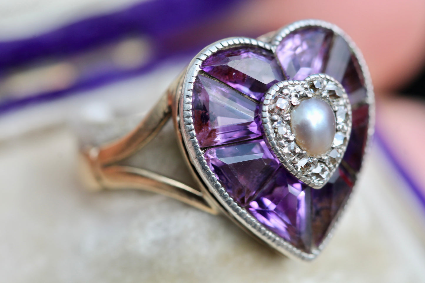 Antique 22ct Gold & Silver Amethyst Pearl Old Cut Diamond Heart Ring c.1900 — view 9