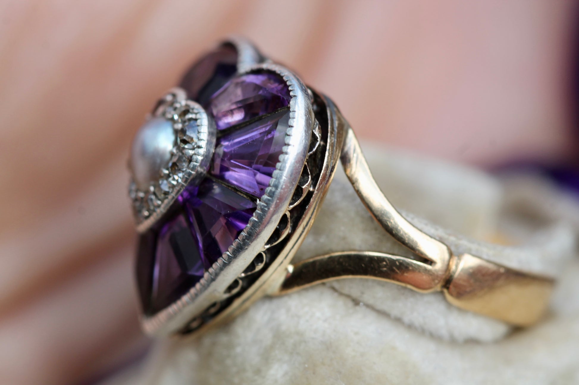 Antique 22ct Gold & Silver Amethyst Pearl Old Cut Diamond Heart Ring c.1900 — view 10