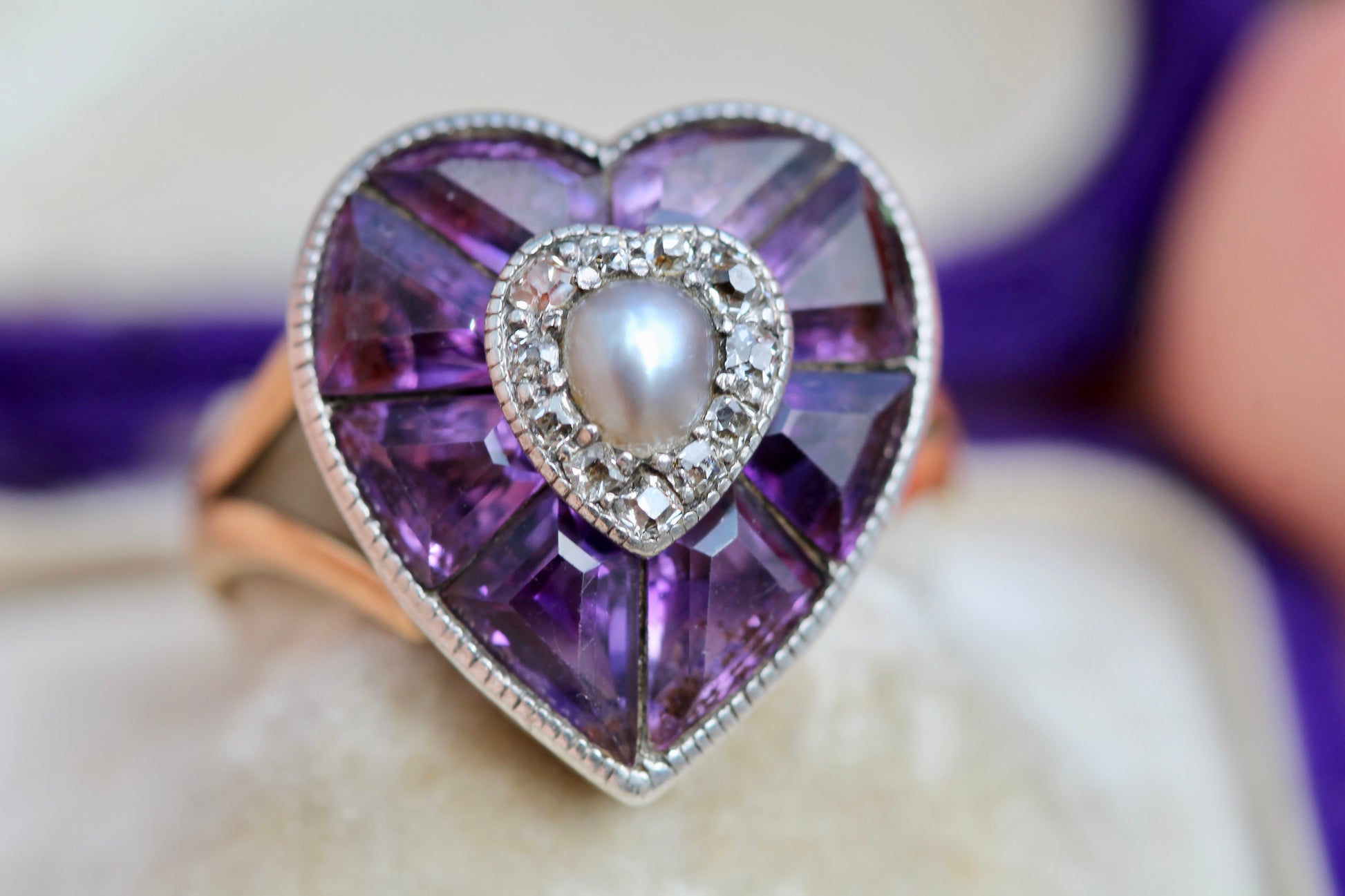 Antique 22ct Gold & Silver Amethyst Pearl Old Cut Diamond Heart Ring c.1900 — view 11