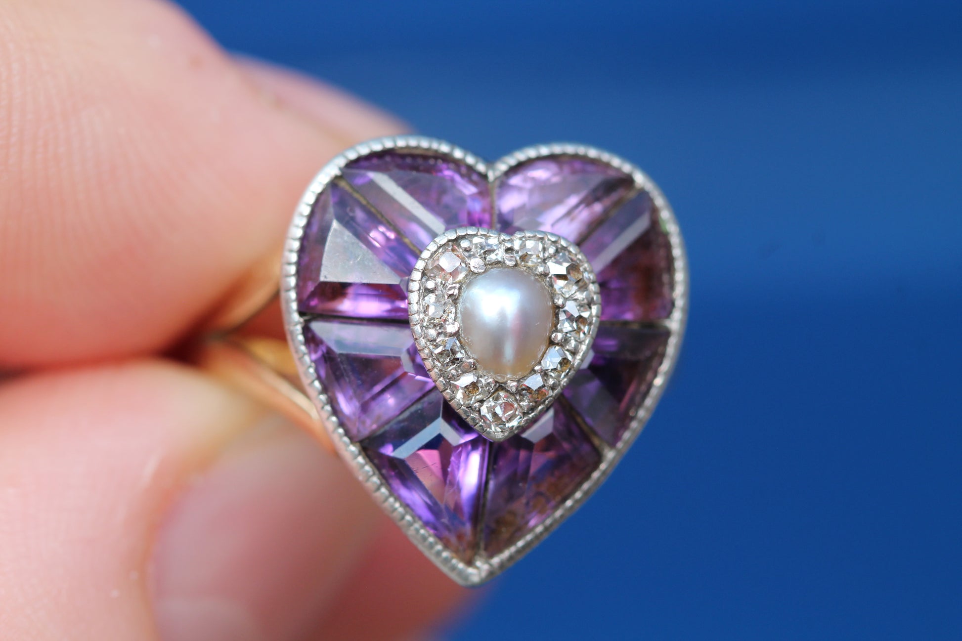 Antique 22ct Gold & Silver Amethyst Pearl Old Cut Diamond Heart Ring c.1900 — view 12